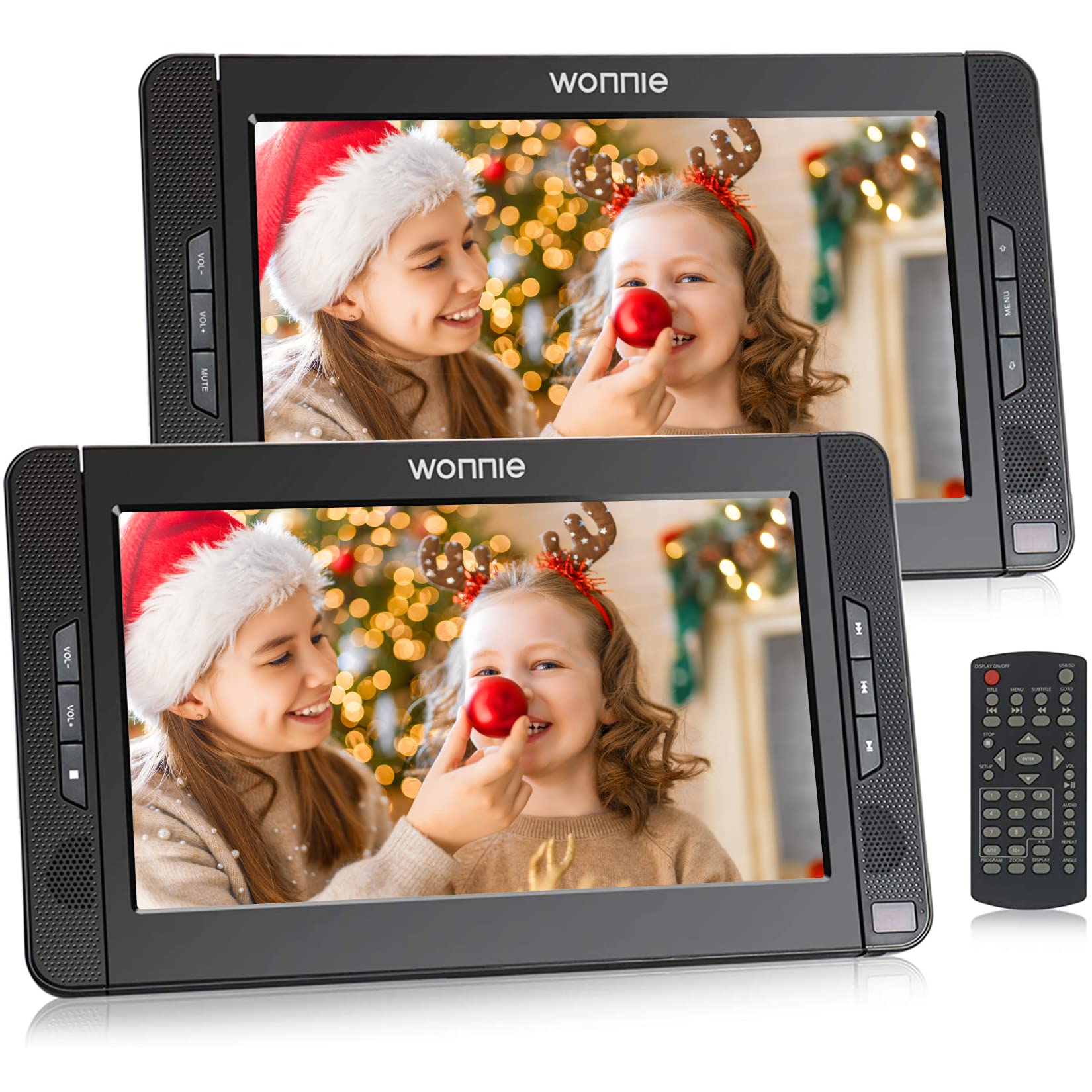 WONNIE 10.1 Inch Dual Screen Portable DVD Player for Kids, Twin Screen Monitor with Rechargeable Battery, Sync Video&TV, Support USB SD, Including Two Headphones (Play Same Video)