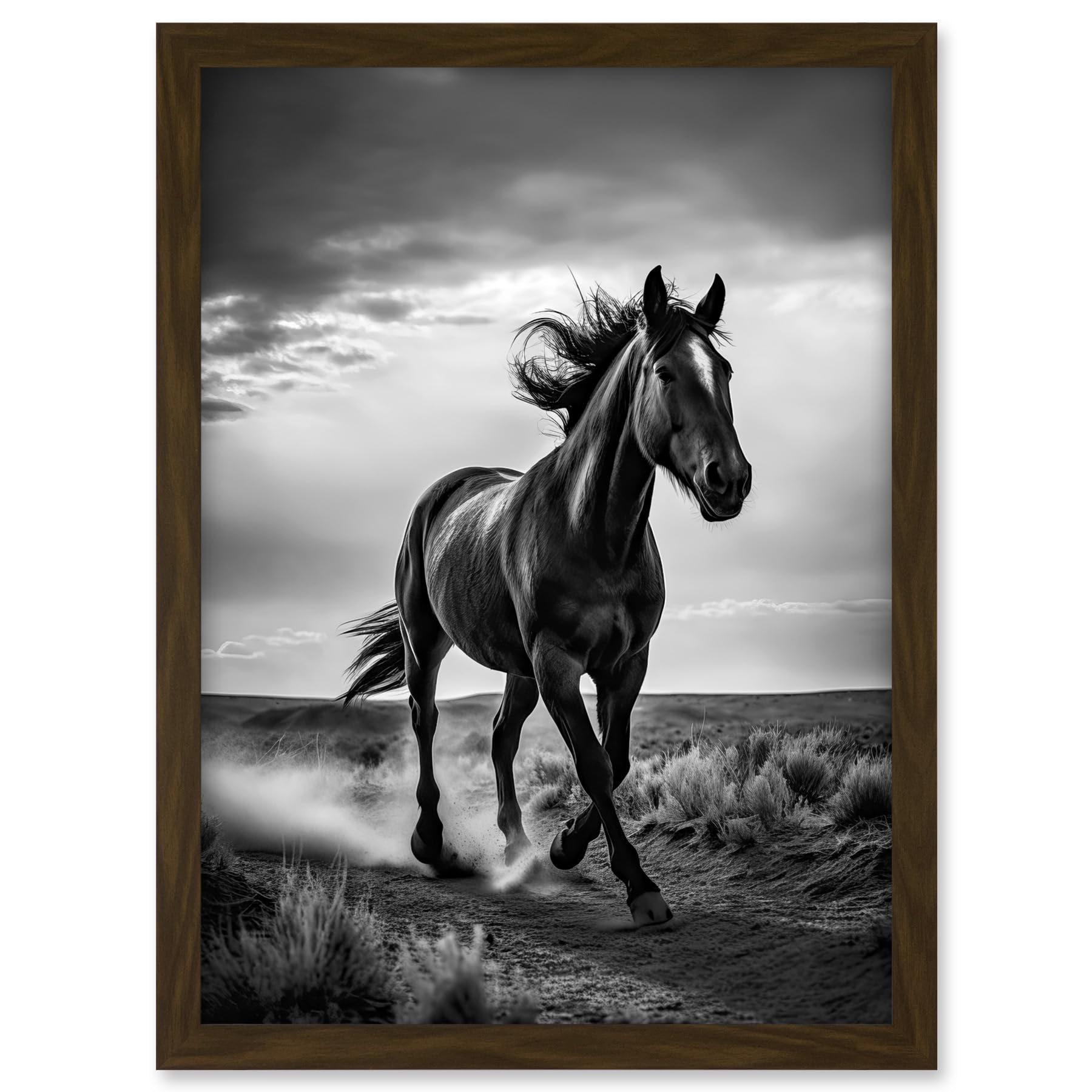 Artery8 Horse Galloping Desert Landscape Black and White Artwork Framed A3 Wall Art Print