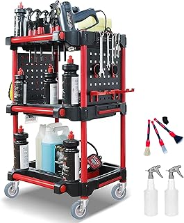 3 Tier Rolling Utility Carts with Wheels,Detailing Tool Cart,440lbs Heavy Duty Service Tool Cart withTool Hanging Board & Hooks for Warehouse Garage Workshop DIY Home (Black&Red)