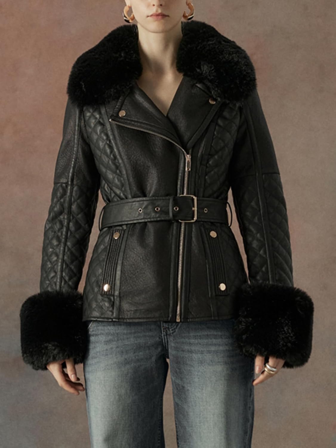 Women's Faux Leather Jacket Moto Sherpa Lined Lapel Fall Coat Thick Parka Winter Overcoat with Belt - Image 2