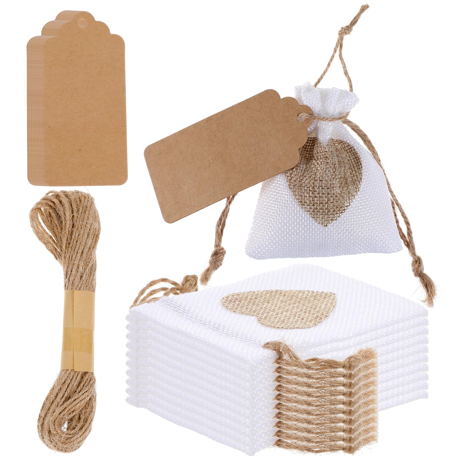Lot de 10 petits sacs à cordon de serrage 10 x 8 cm en toile de jute avec cordon de serrage, étiquettes et ficelle, réutilisables pour mariage, fête, bijoux, Noël, café, loisirs créatifs (blanc)
