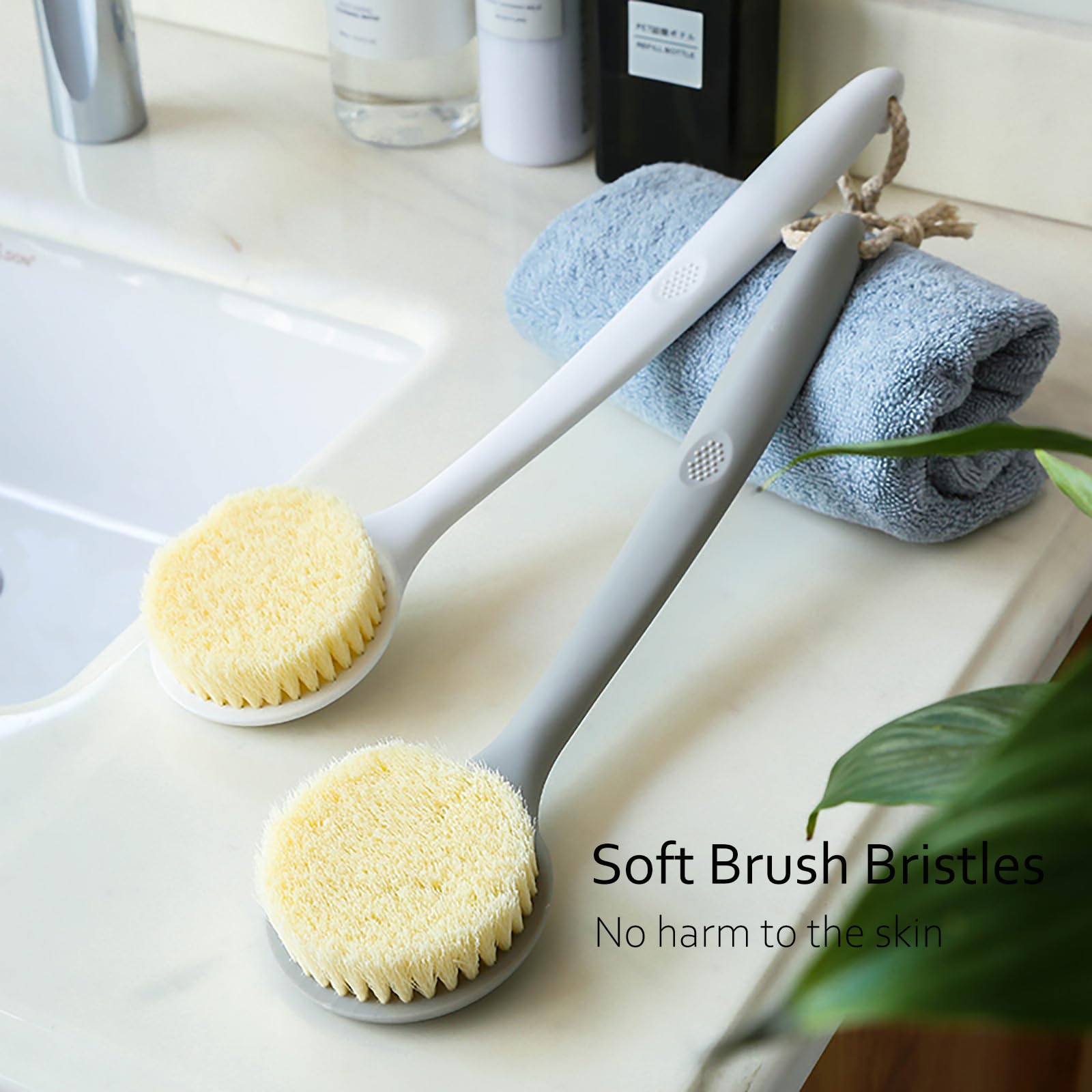2 Stück Duschbürste für Rücken, 35,6 cm Körperbürste mit langem Griff, Rückenschrubber, weiche Borsten, Duschbürste für Männer und Frauen, Badeschrubber mit Kopfhautmassagegerät, Shampoo-Bürste und
