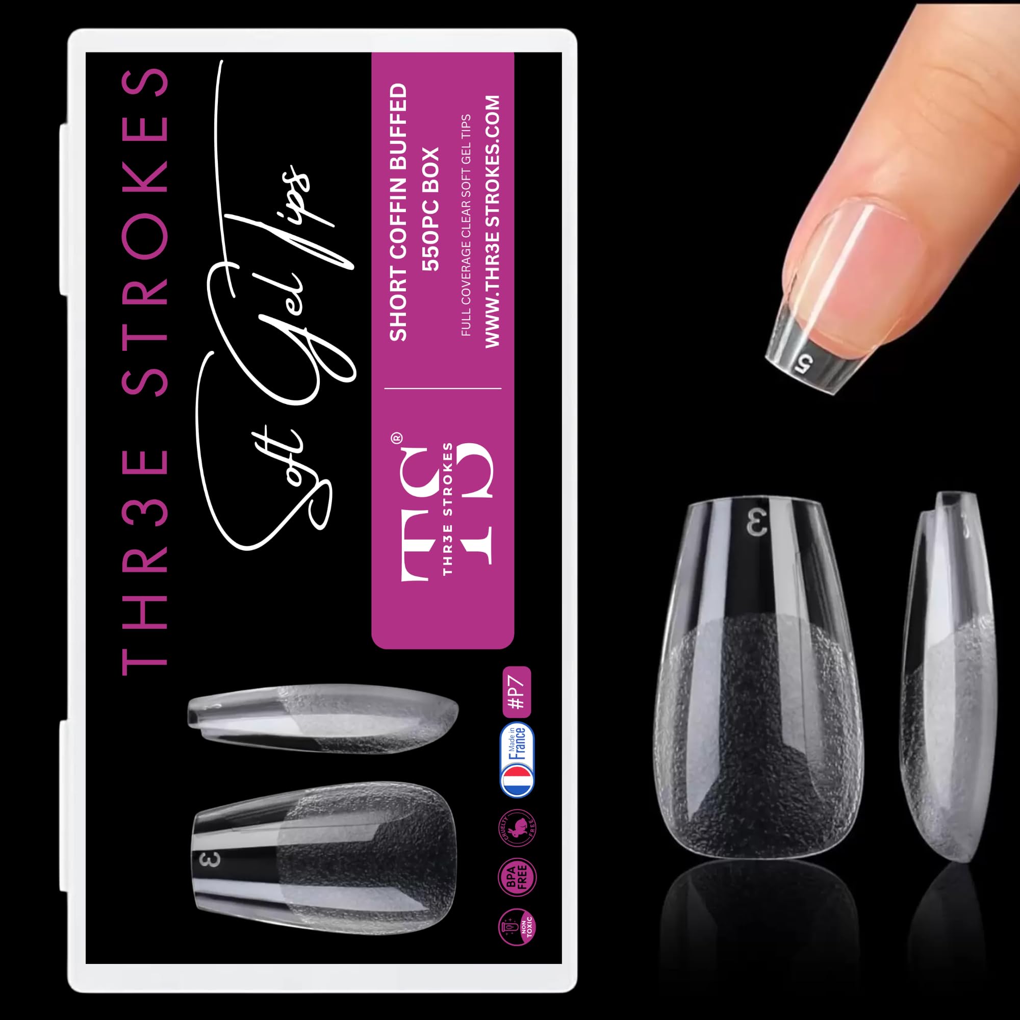 THR3E STROKES Soft Gel NailTips, Full Cover Clear Soft NailTips for Artificial False Nails Extension Nail Salons DIY NailArt with Box, 550PCS (SHORT COFFIN P7)