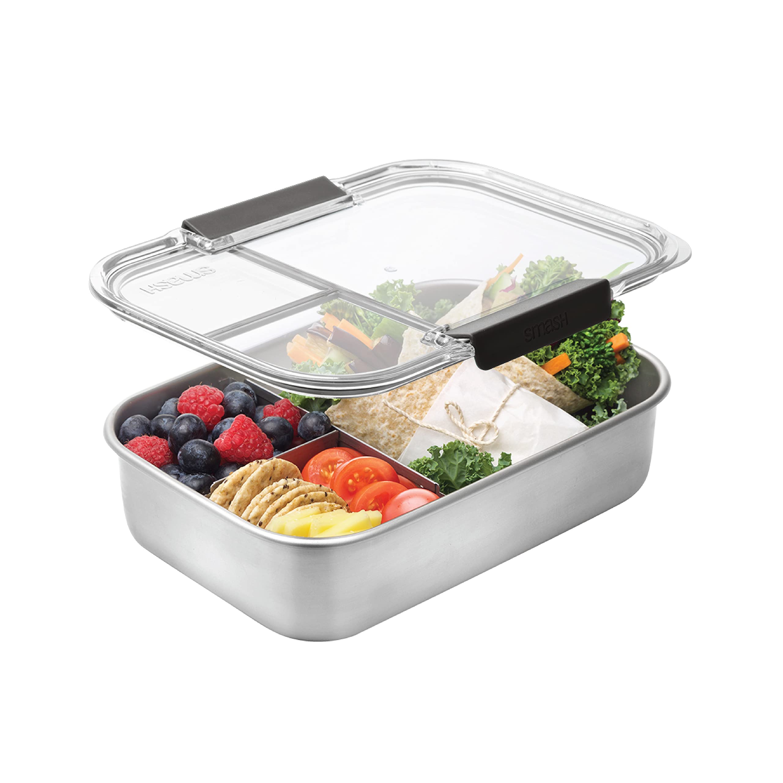 Smash Microwave Safe Stainless Steel Bento Lunch Box, 3 Compartments, Black, 1300ml