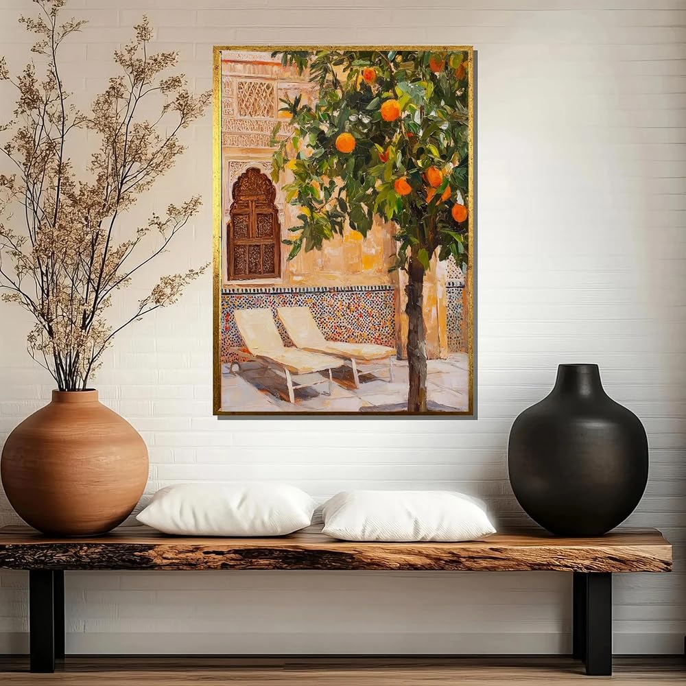Gosrd Frameless Moroccan Wall Courtyard Art Print With Orange Tree Home Living Room Decor(70X100cm/Frameless)
