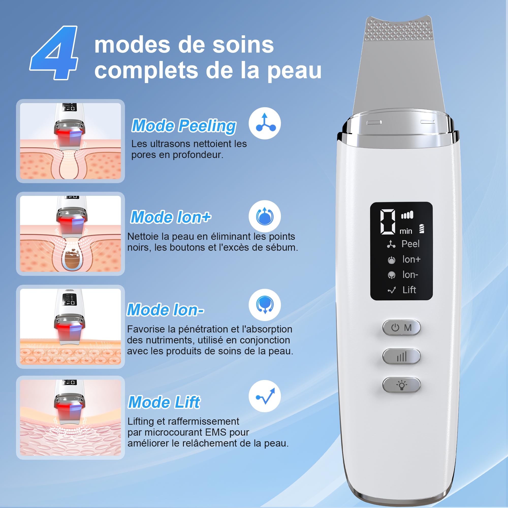 Épurateur de Peau à Ultrasons, Épurateur Visage Skin Scrubber avec 4 Modes et Intensité Réglable, Lumière Rouge et Bleue, Appareil de Nettoyage Exfoliant à Ultrasons