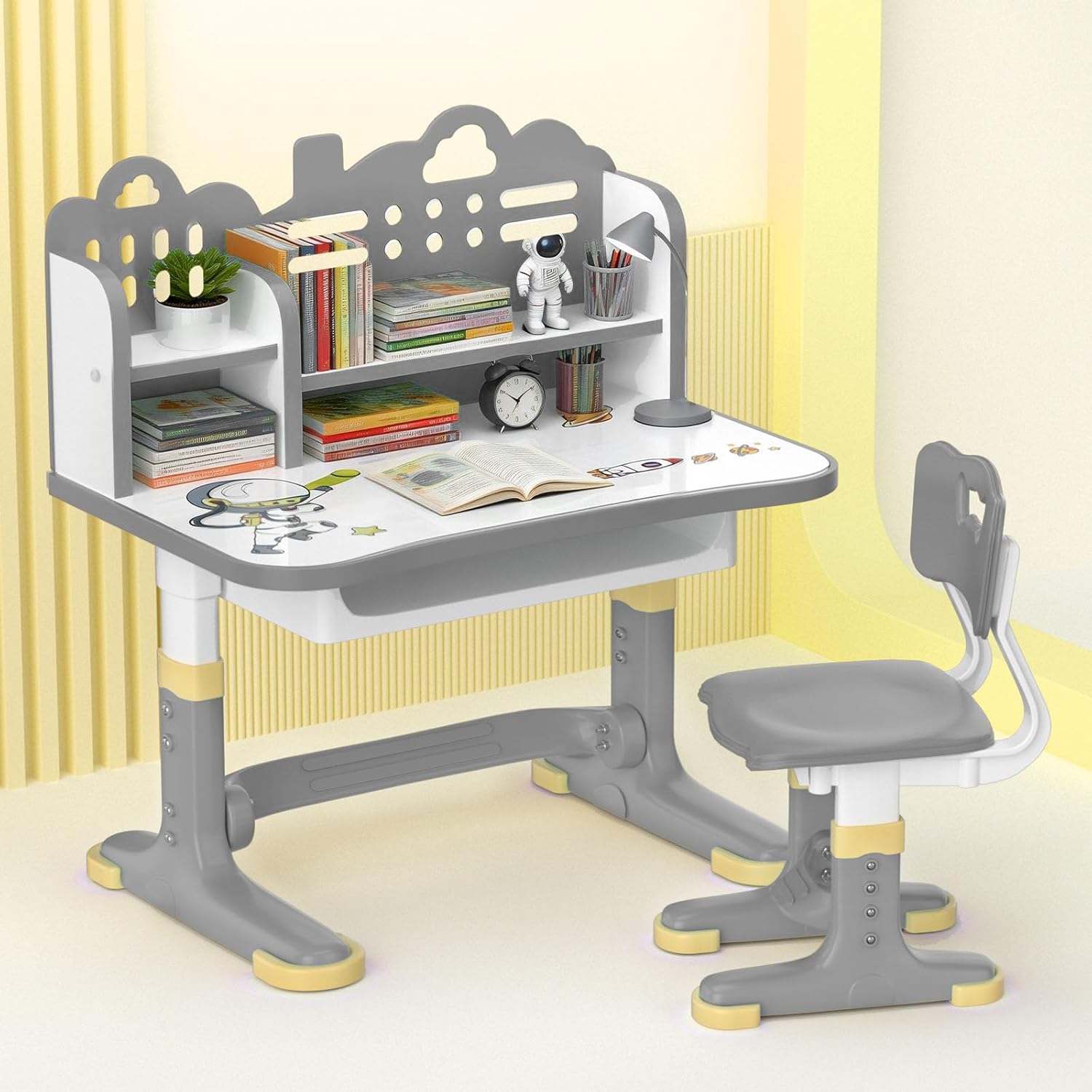 Kids Desk and Chair Set 3-12, Height Adjustable Child's School Study Writing Tables, Kids Functional Desk with Bookstand and Storage Drawer for Boys and Girls, Study Desk with Chair Desktop (GREY)