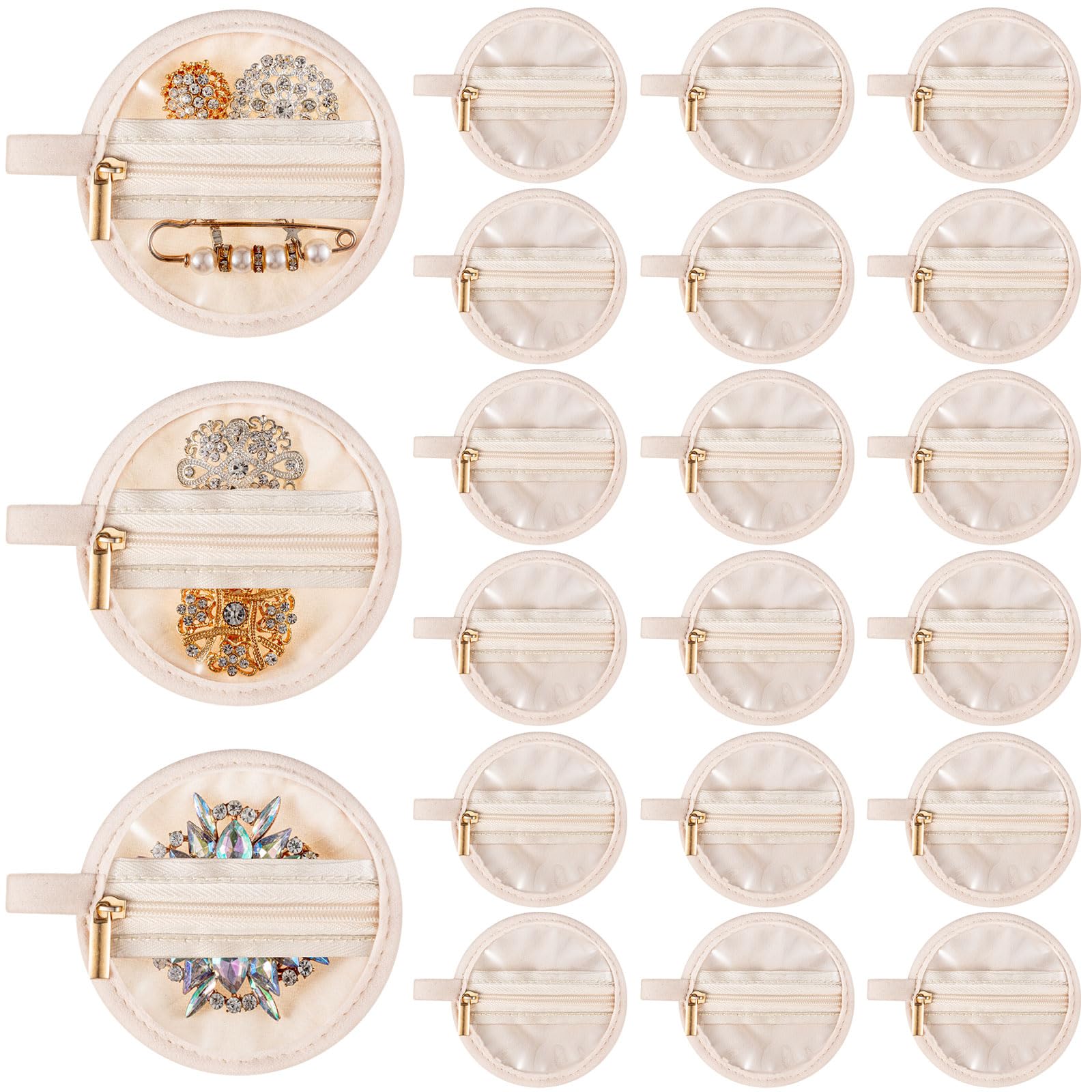 UiifanUiifan 24 Pcs Travel Jewelry Bag 3.74 Inch Flannel Jewelry Pouch Portable Jewelry Organizer for Earrings Round Jewelry Case Zipper Pockets for Women Gift Bracelets Necklaces, Beige and Clear