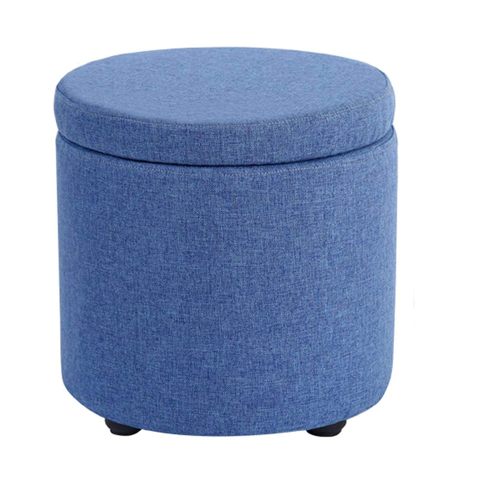 Ottoman en lin bleu avec boîte de rangement ronde de 32 cm