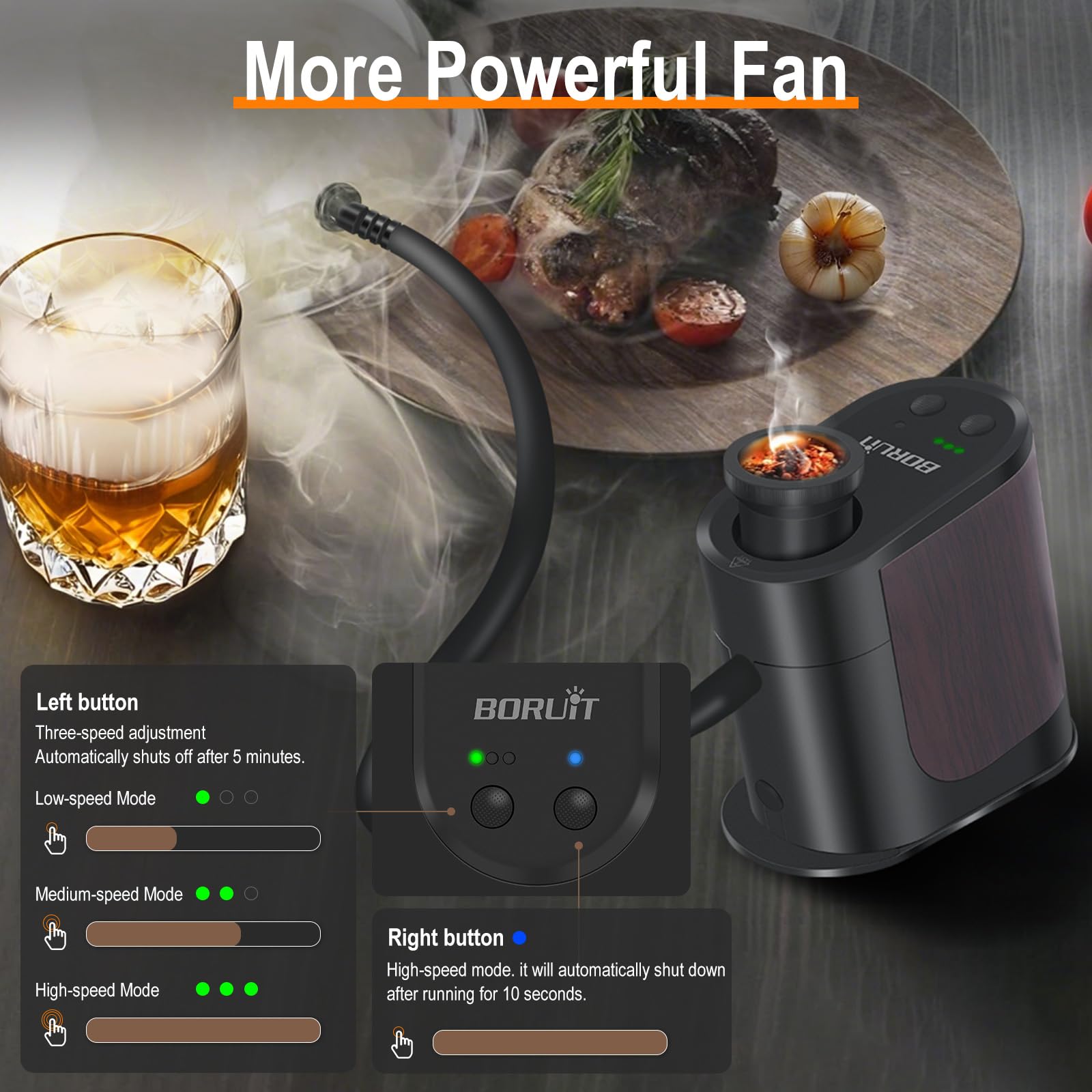 BORUiT BQ500 Pistola para Fumar, Fumador de Comida, con 4 Paquetes de Virutas de Madera, Pistola de Humo de Aleación de Aluminio para Cocina, Carne, Salmón, Cócteles, Queso, Barbacoa