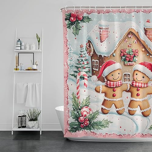 Miniatura 6 de Cortinas de ducha de Feliz Navidad para baño, 72 x 72 pulgadas, borde rosa, pan de jengibre, casa de árbol, decoración de invierno, rústico, retro,