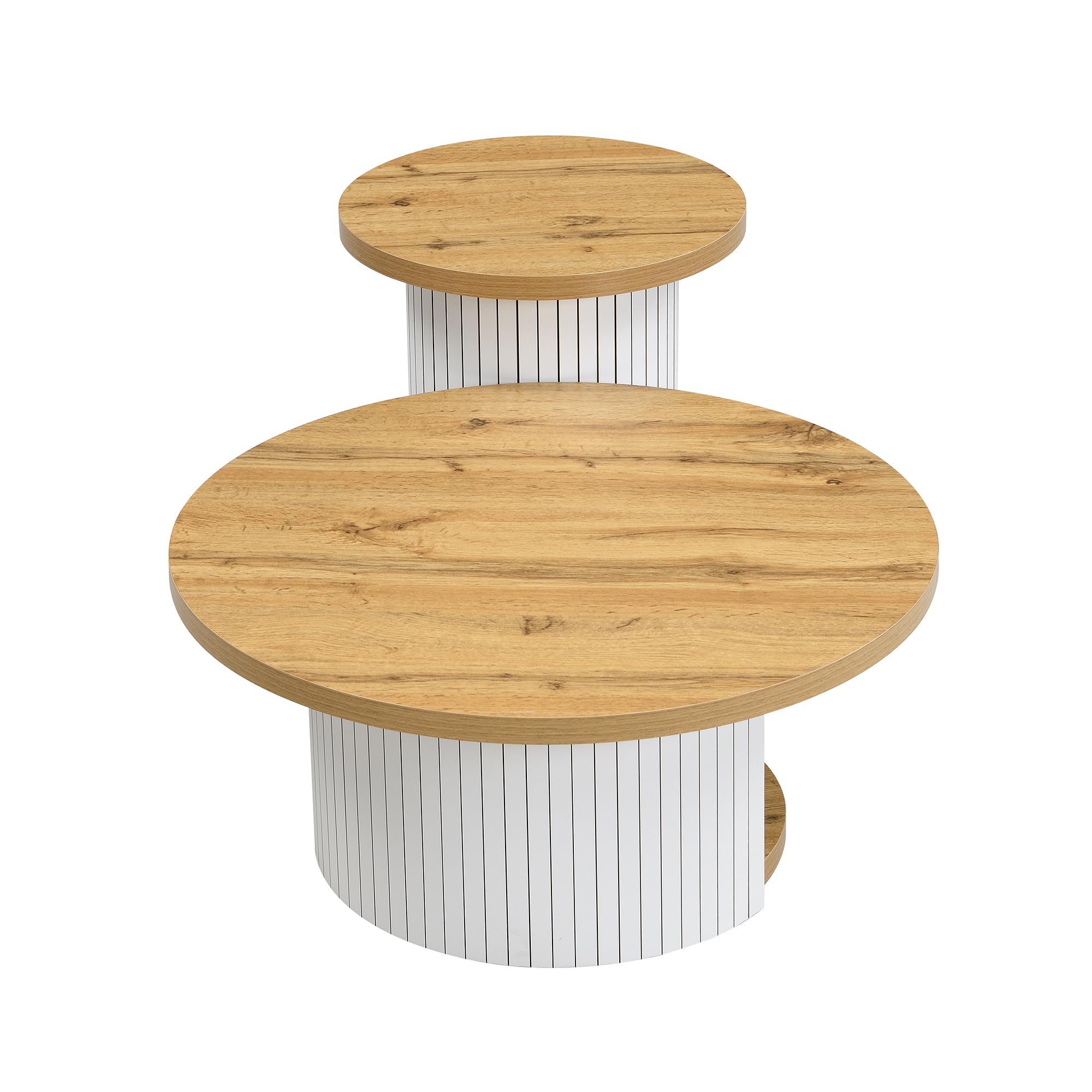 Mesa de centro, mesa redonda doble, mesa auxiliar con listones de madera natural. Mesa de salón multifuncional