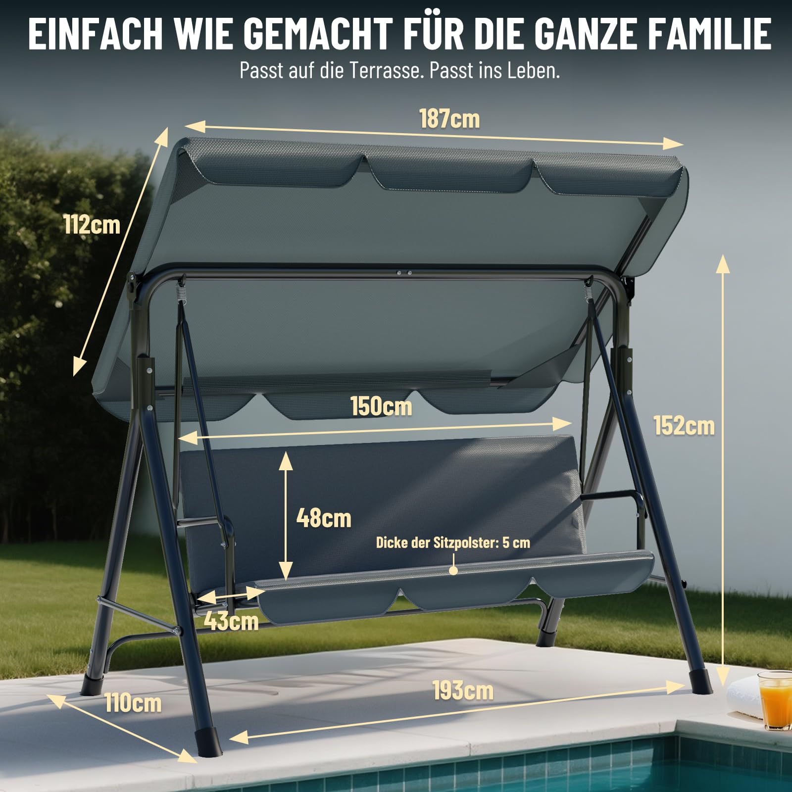 Soontrans Dondolo Hollywood a 3 posti, tempo della famiglia con facilità, altalena da giardino con tettuccio parasole e telaio e cuscino imbottito, portata fino a 200 kg, in acciaio (193 x 110 x 152