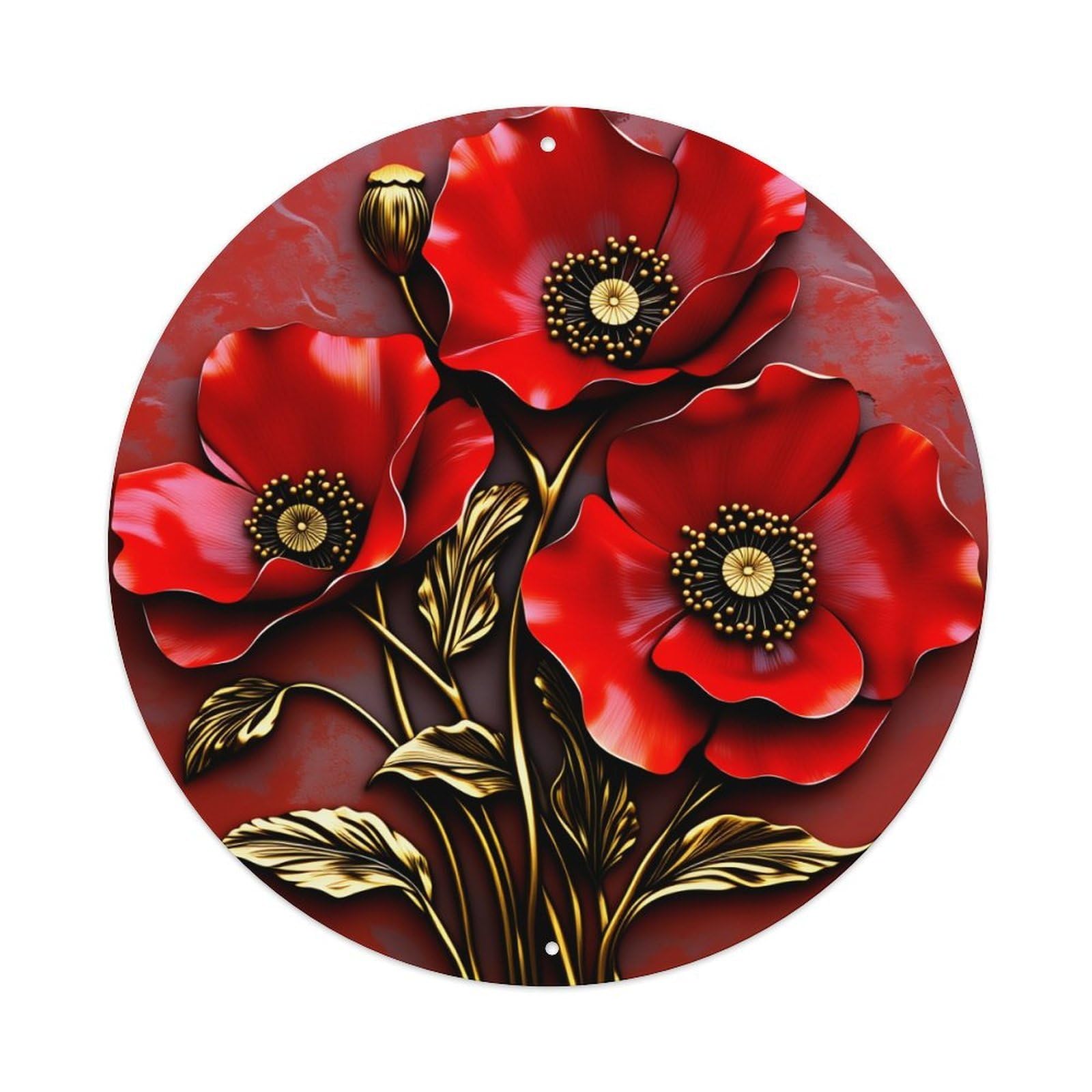 Red Poppy Floral Art Design Round Sign Wall Decor Poster, Home Bar Garage Cafe Kitchen Wall Art Decoration 12X12Inches