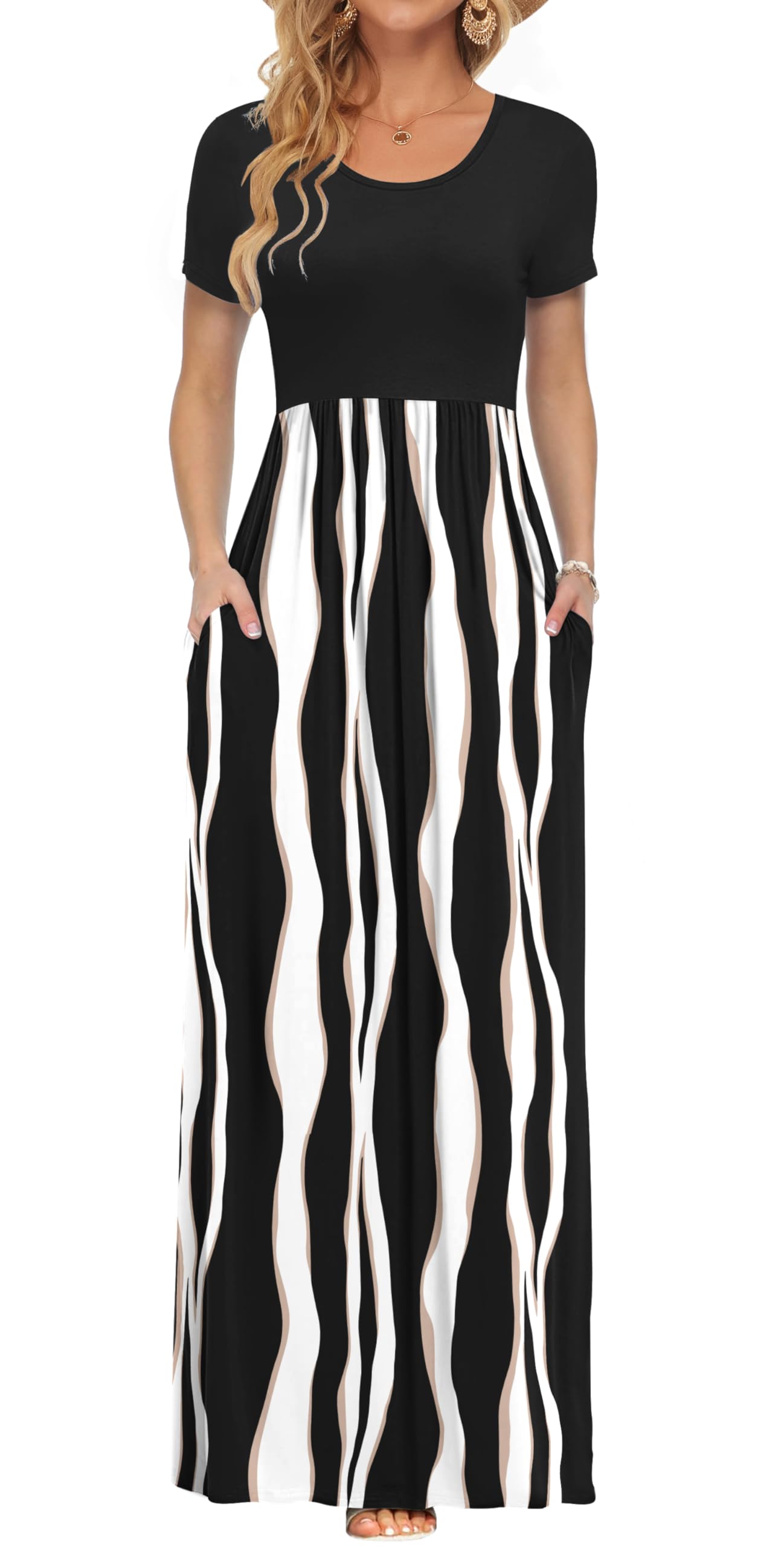 AUSELILY Women's Summer Short Sleeve Loose Plain Casual Long Maxi Dresses | Year Round wear solid floral print, Casual wear, Empire waist, Floor length, Side pockets
