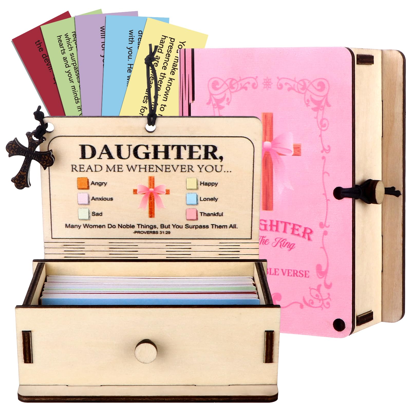CNSJ 82 Pcs Daughter Bible Verse Box Prayer Request Cards Christian Religious Wooden Pink Gift Box Emotion Scripture Inspiration Confirmation Cards for Mothers Day Women