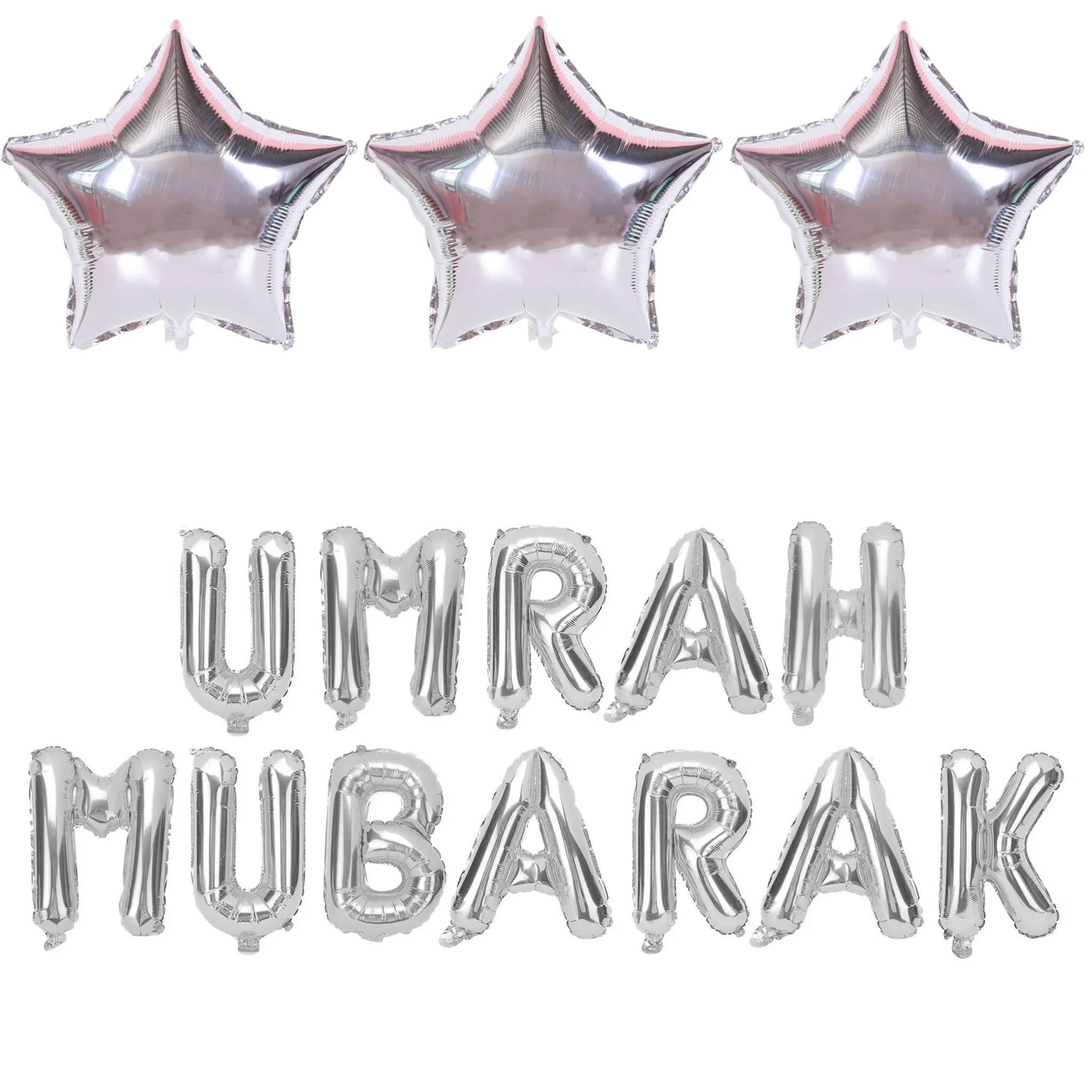 Umrah Mubarak Balloons Silver 16” Silver Star 18” Balloons x 3, Islamic Pilgrimage, Backdrop Photo Props, Umrah Background, Party Decorations.