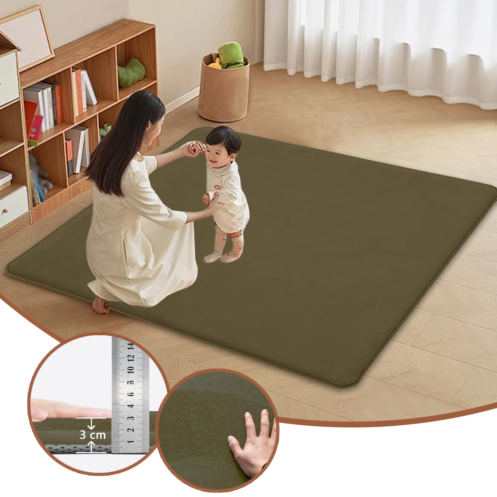 Krabbel- und Spielmatte für Babys, 120 x 250 cm, Korallensamt, 3 cm, Krabbelmatte für Babys, groß, rutschfest, für Kinder, für Wohnzimmer, Schlafzimmer, Yoga, Grün