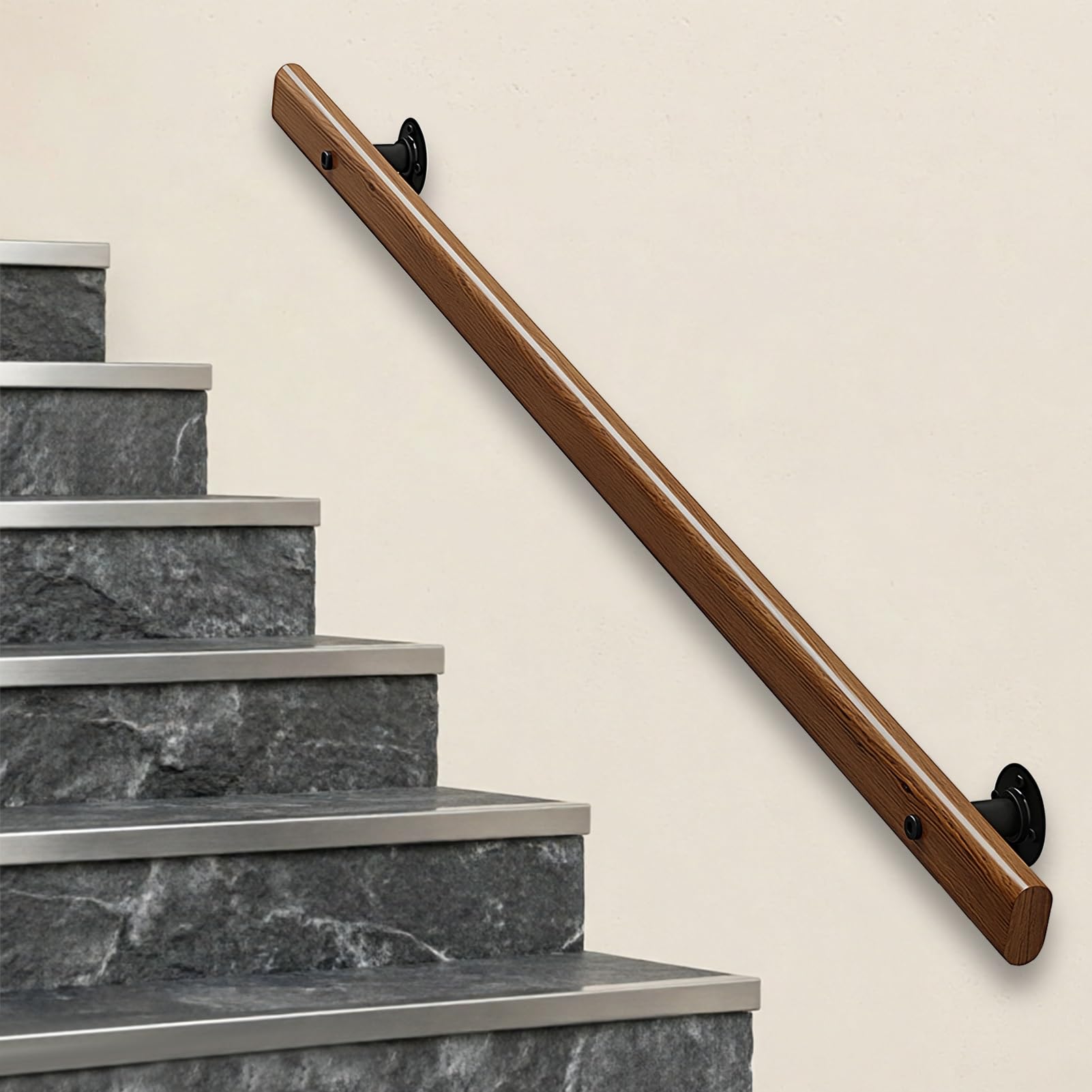DMCHENGMA Indoor & Outdoor Wood Hand Rail, Wall Mount Support Handle with Black Metal Mounting Brackets(6.6ft/200cm)