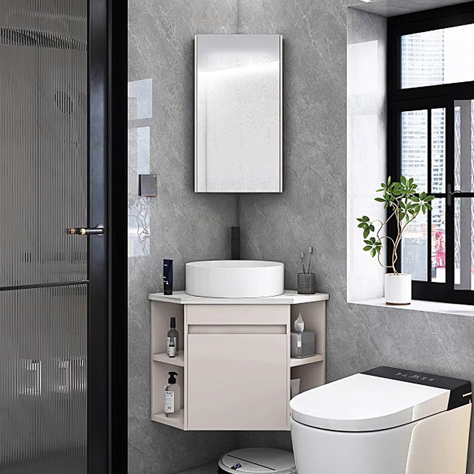 DFGHNBVC Corner Bathroom Vanity Set With Sink, Medicine Cabinet, And Faucet - Space-Saving Wall Mount Design For Modern Bathrooms,38Cm/15In