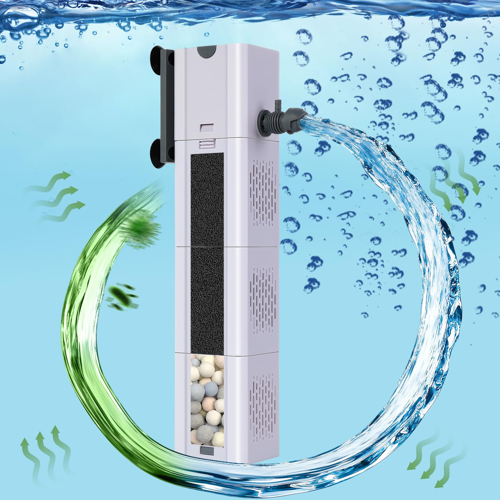 Filtro de acuario 4 en 1 de 320 GPH, filtros de tanque de peces de 60-100 galones de filtración y oxigenación, filtro para pecera con algodón bioquímico, cuentas de cerámica, filtro multifuncional