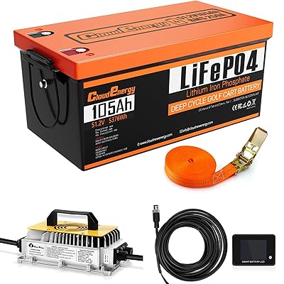Cloudenergy 48V(51.2V) LiFePO4 Lithium Golf Cart Battery Built-in 200A BMS,with Mobile APP,Touch Monitor and retention strap,6000+ Cycles,Perfect for Golf Carts(GFA48V-100AH With Charger)