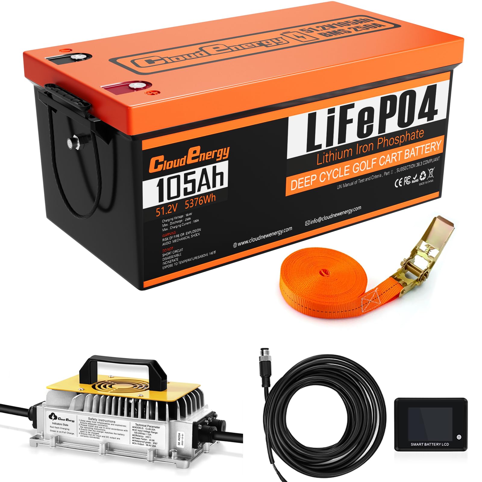 Cloudenergy 48V(51.2V) 105Ah LiFePO4 Lithium Golf Cart Battery Built-in 250A BMS,with Mobile APP,Touch Monitor and retention strap,6000+ Cycles,Perfect for Golf Carts(GFA48V-105AH With Charger)