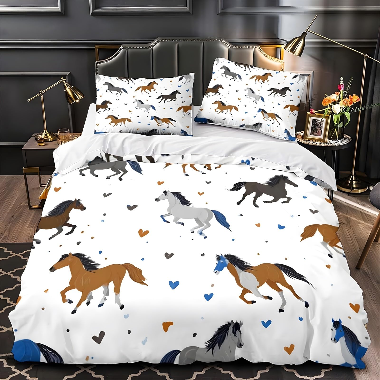 Ypthriline Single Duvet Cover Set Galloping Horse Bedding Set Microfiber Cartoon Duvet Covers with Pillowcases Reversible Bedding With Zipper Closure 135x200CM