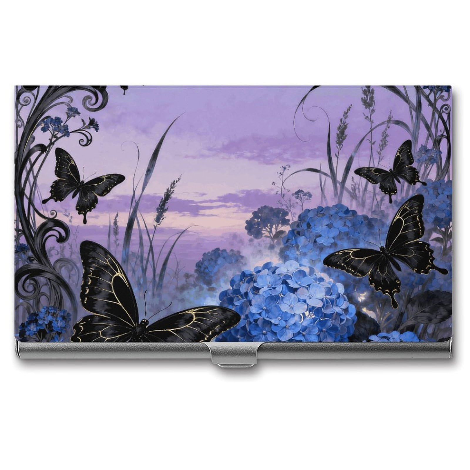 DWVTSLH Swallowtail Hydrangea Business Card Holder, Slim Portable Metal Business Card Case Pocket Wallet Professional Name Cards Holder for 22-30 Cards, Credit Card ID Case/Holder for Men Women