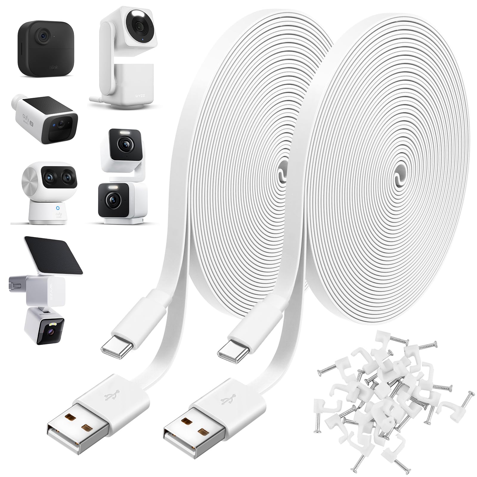 Uogw Type C Cable for WYZE Duo Cam Pan,WYZE Cam Pan v4,Petcube Cam Indoor/Petcube Cam 360/TP-Link Tapo C120,Blink mini2,Blink Outdoor 4,USB to Type C Power Cord,20Ft Flat Power Extension Cable-2Pack