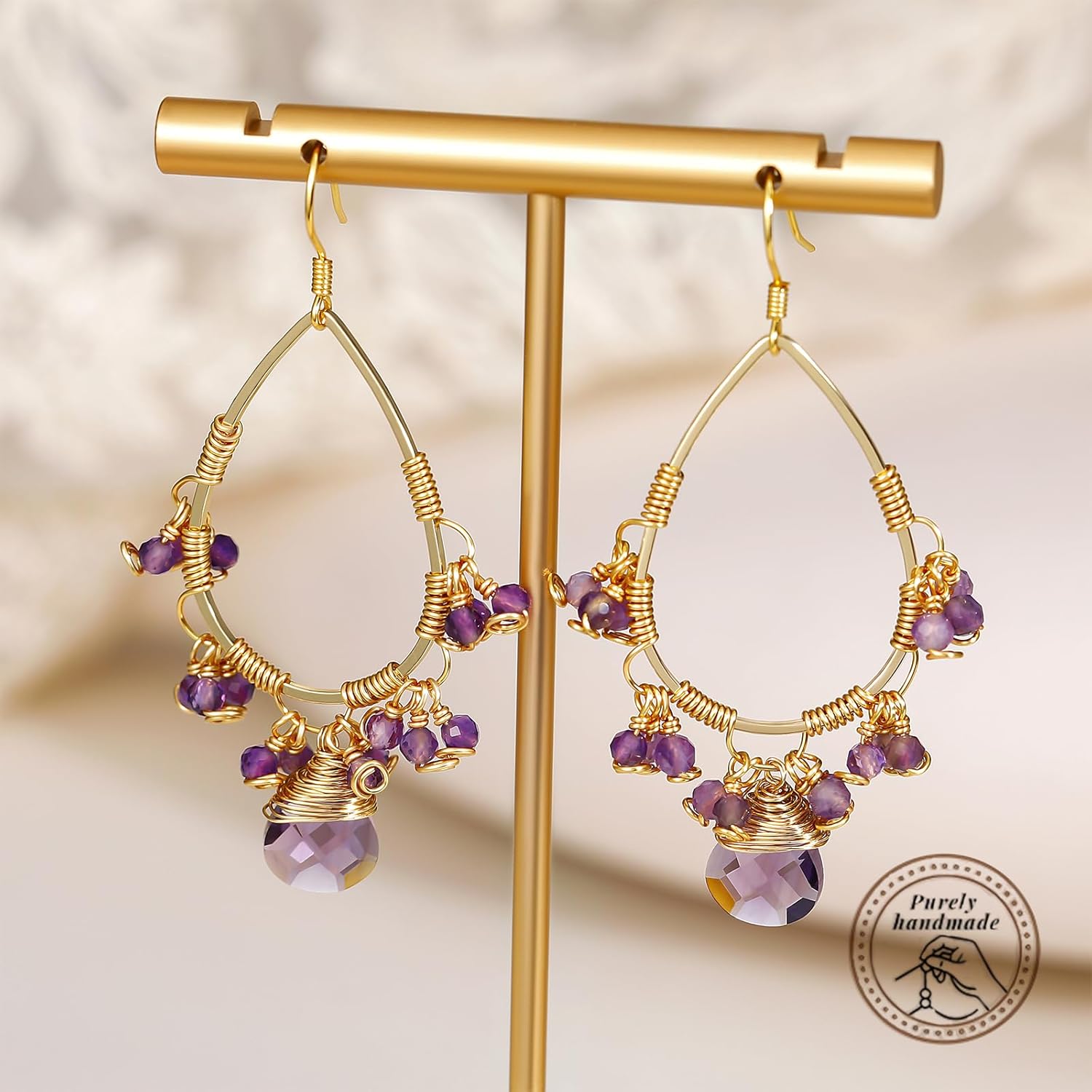 Boho Crystal Dangle Earrings for Women Natural Gemstone Vintage Purple Hook Drop Earrings Handmade Summer Vacation Jewelry for Women Amethyst/Rose Quartz 14K Gold Plated - Image 4