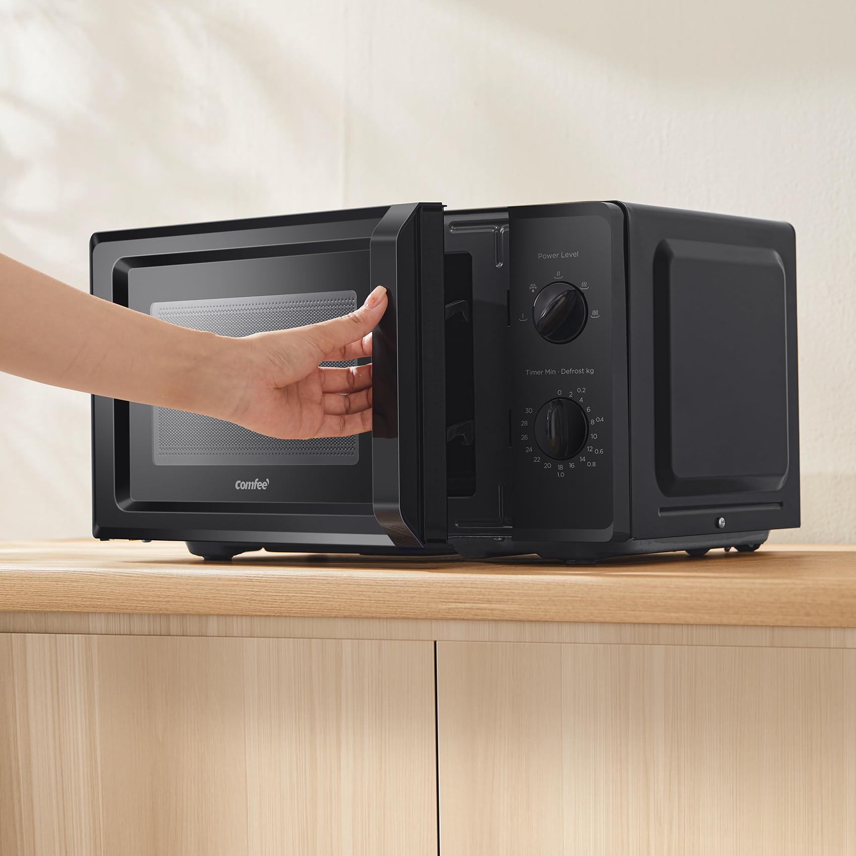COMFEE' Microondas CMO-MP012OC(BK), capacidad 19L, 700W de potencia, 5 niveles de potencia, temporizador de 30 minutos, descongelación, negro