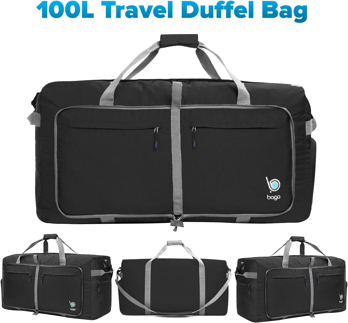  | Bago 80L Travel Duffle Bag - Foldable Weekender Bag For Women & Men - Lightweight tier-resistant waterproof Shoe Pocket (Black) | Travel Duffels