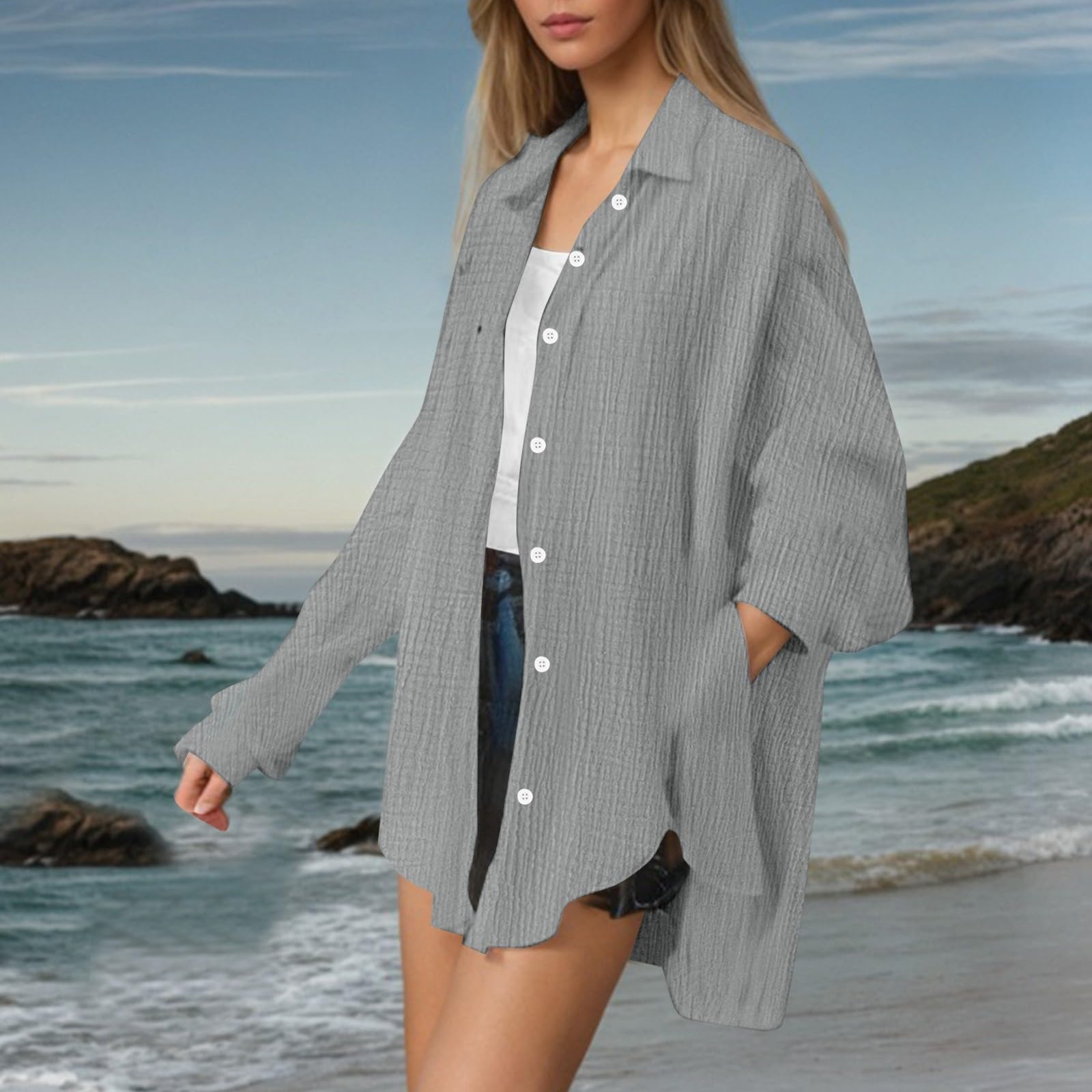 Camisas de lino con botones para mujer, de verano, transpirables, de manga larga, con cuello, de lino, algodón, a la moda, casuales, holgadas, de muselina, de gran tamaño, ligeras, color liso