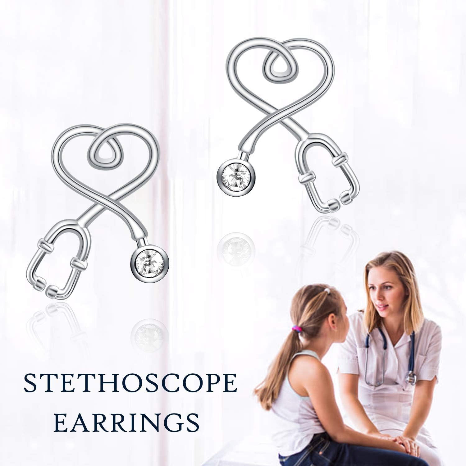 Stethoscope Earrings 925 Sterling Silver Heart Studs Earrings 12 Months Birthstone Crystals from Austria, Graduation Jewelry Gifts for Nurse Doctor RN Medical Student - Image 3