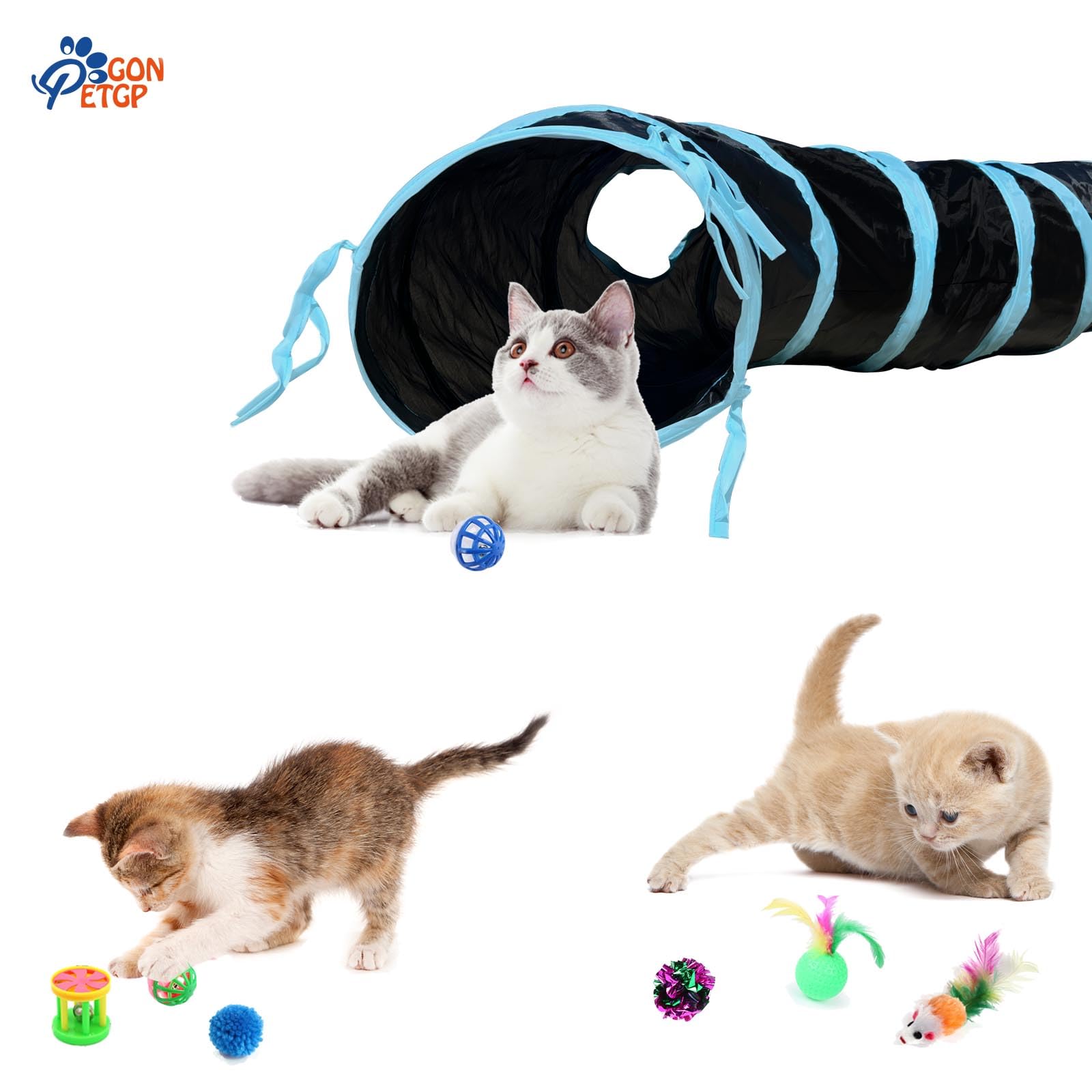 Giocattoli per gatti per interni, set di giocattoli per gattini, tunnel pieghevole per animali domestici, giocattoli interattivi per gatti, bacchetta con piume per gatti, palline sfocate per topi