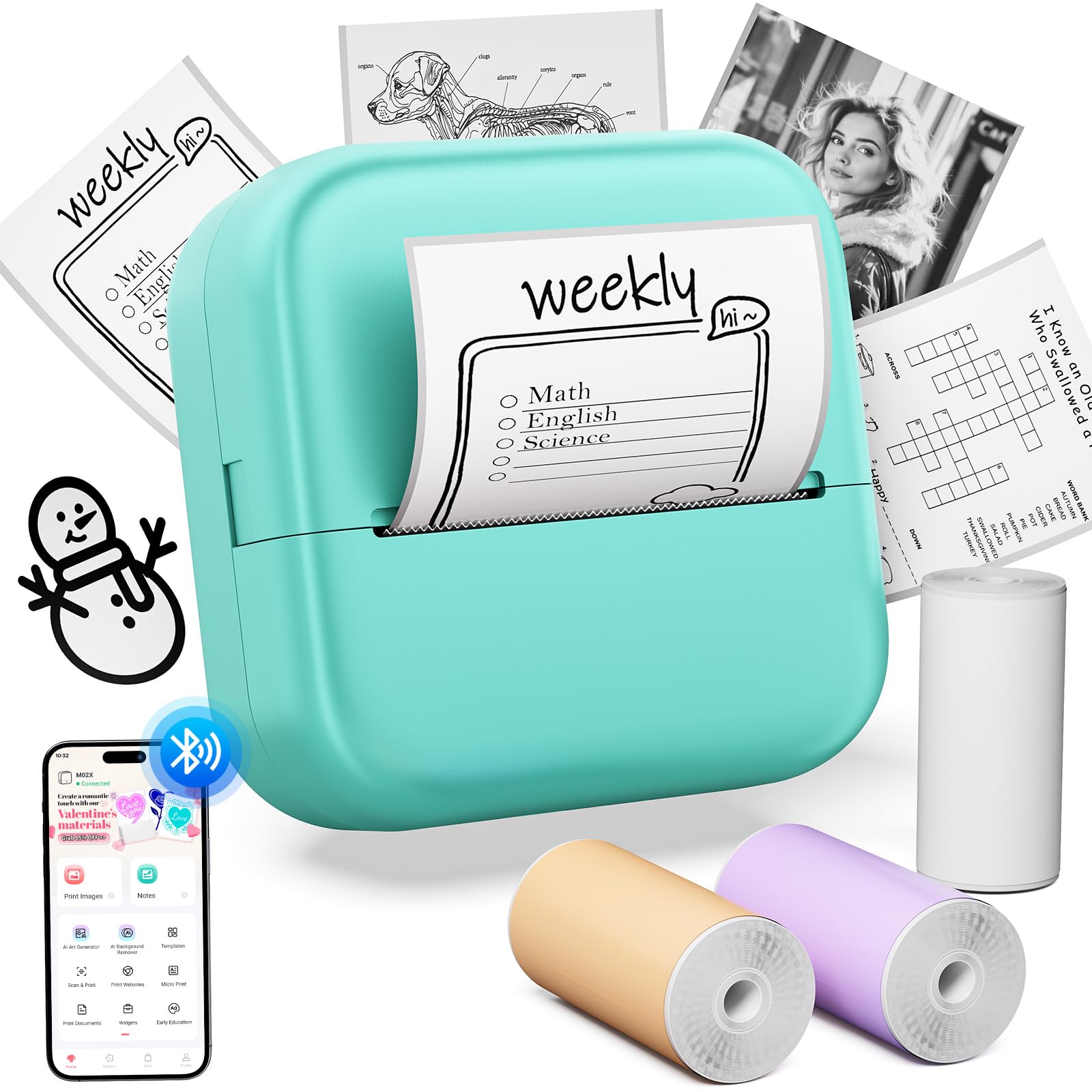 WCZ Sticker Maker M02X Mini Sticker Printer Bluetooth Mini Portable Thermal Printer Inkless Pocket Photo Printer Come with 3 Rolls Paper for Study