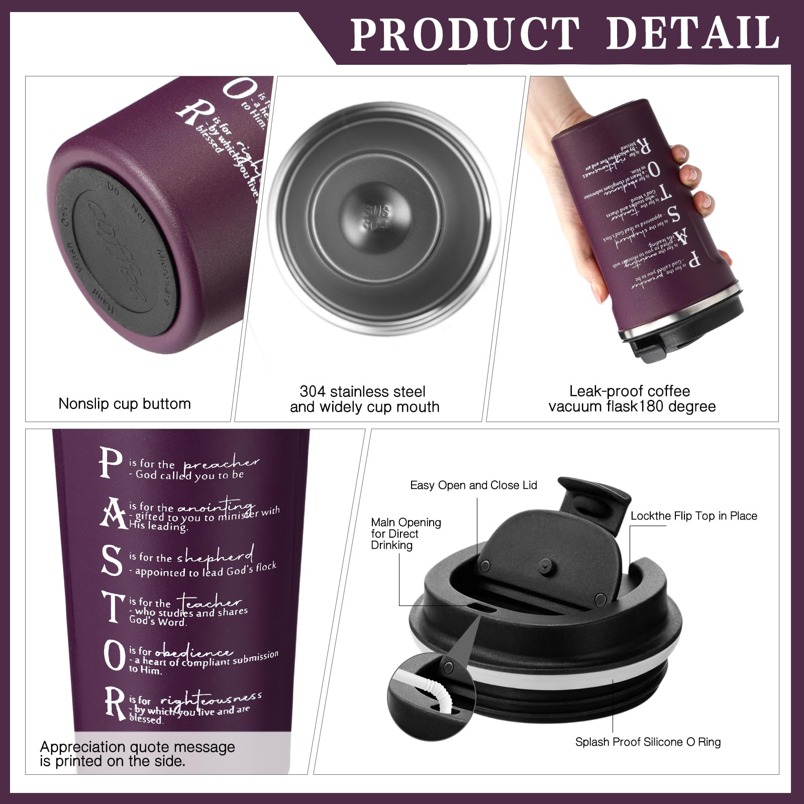 Set mit 3 Pastoren-Wertschätzungsgeschenken – Edelstahlbecher, A5, Tagebuch, inspirierender Kugelschreiber für Pastor, Mann, Ruhestand, Jahrestag, Geburtstag, Geschenk (Roman, Violett)