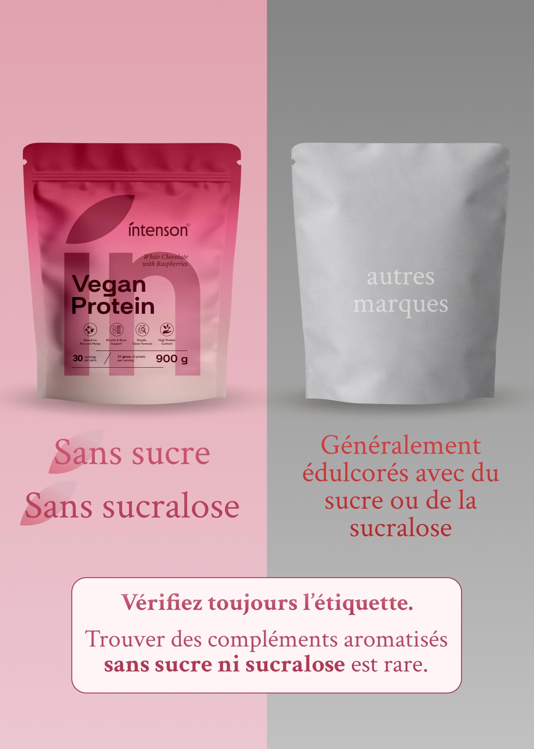 Intenson Vegan Protein Powder Chocolat Blanc Framboise, 900 g, 21 g de Protéines par Portion, 30 Portions, Mélange Pois & Chanvre, 100% Végétal, Sans Lactose, Sans Gluten, Sans Sucre, Formule Clean