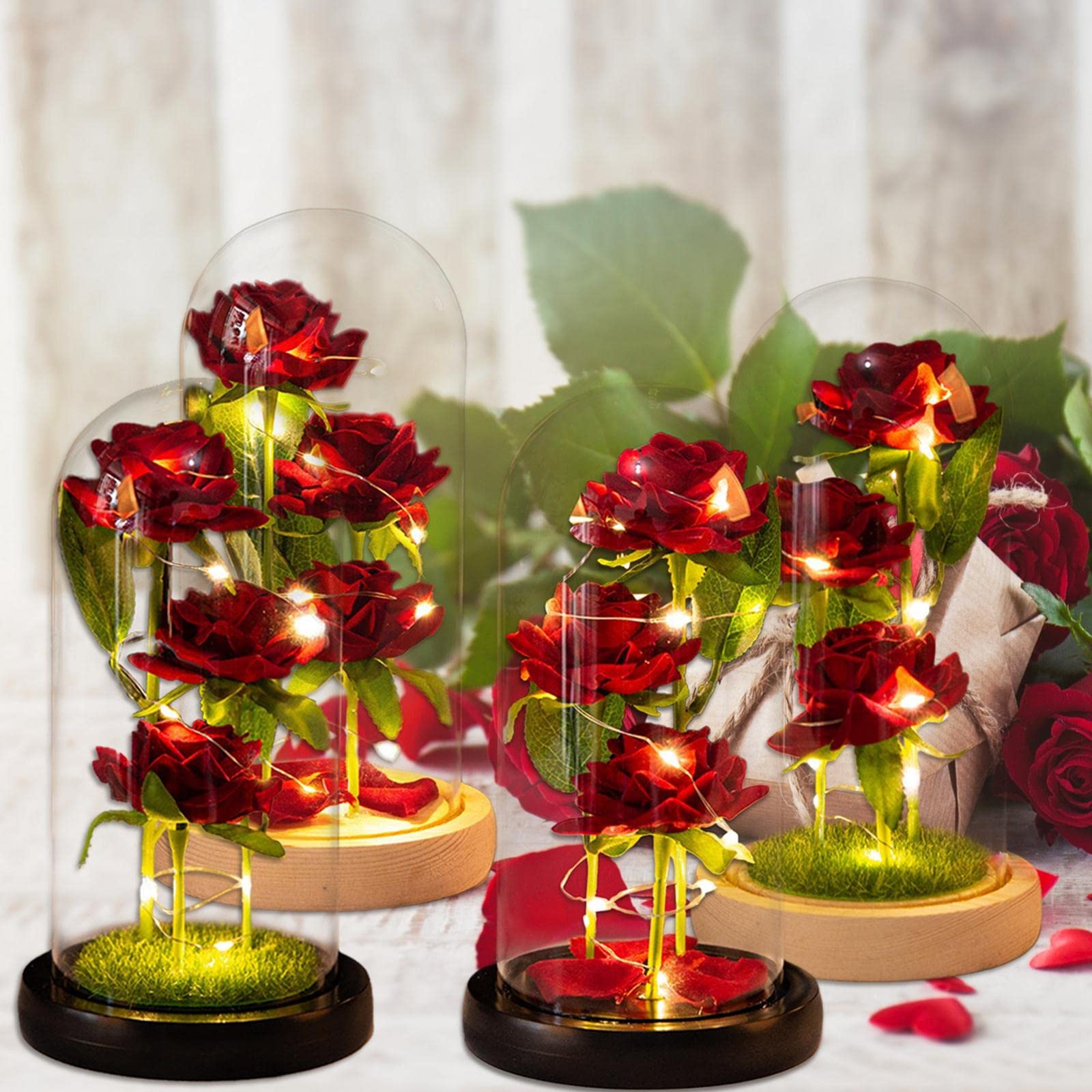 ATORSE® Eternal Rose Flower Rose in Glass Dome for Wedding Decor Wood Color Petal