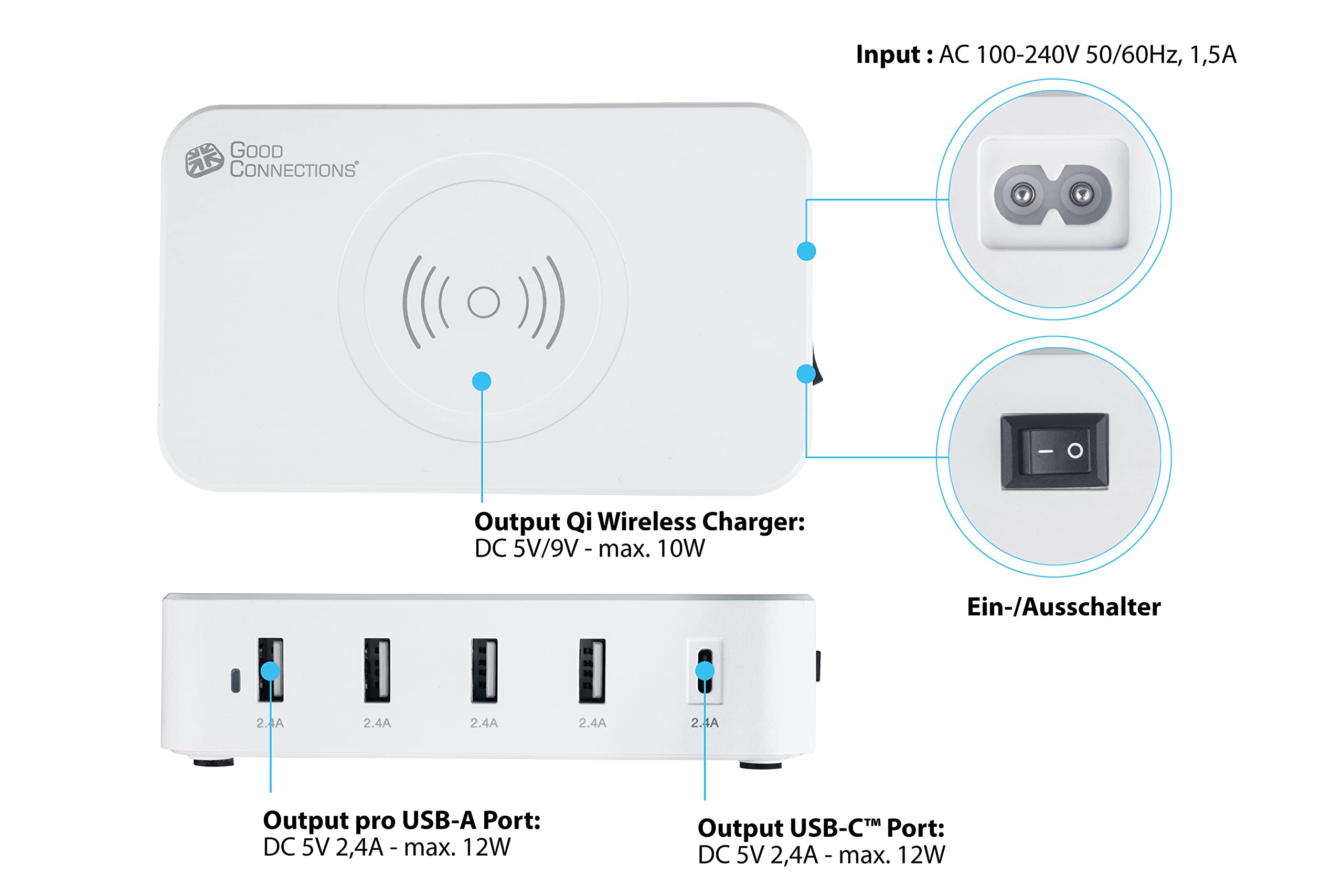 Good Connections Stazione di Ricarica Rapida USB 60 W – 5 Porte – 1 x USB C Max. 12 W e 4 x USB A Max. 12 W, Totale Max. 60 W – e 10 W Wireless Qi – per Smartphone, Tablet, iPhone, iPad ECC. – Bianco