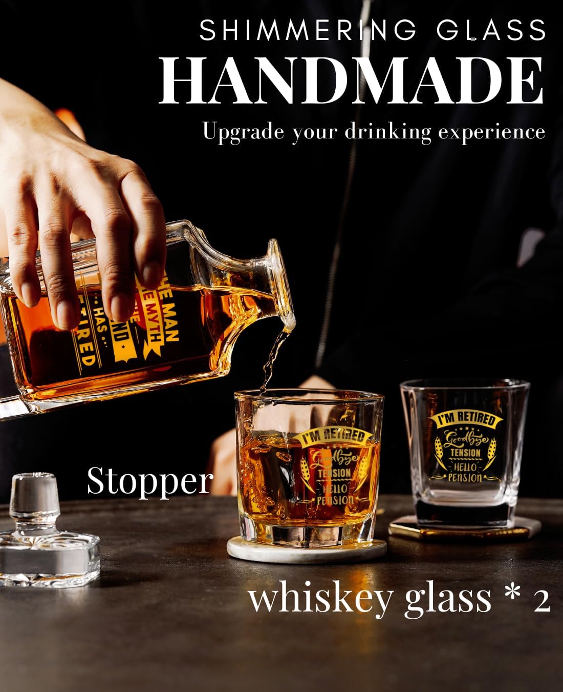 Onebttl Retirement Gifts for Men, Retirement Whiskey Decanter Set, Gifts for the Retired, 25oz/750ml Decanter with Stopper and 2 Glasses for Liquor, Bourbon, Whiskey on Christmas, Father's Day - Image 2