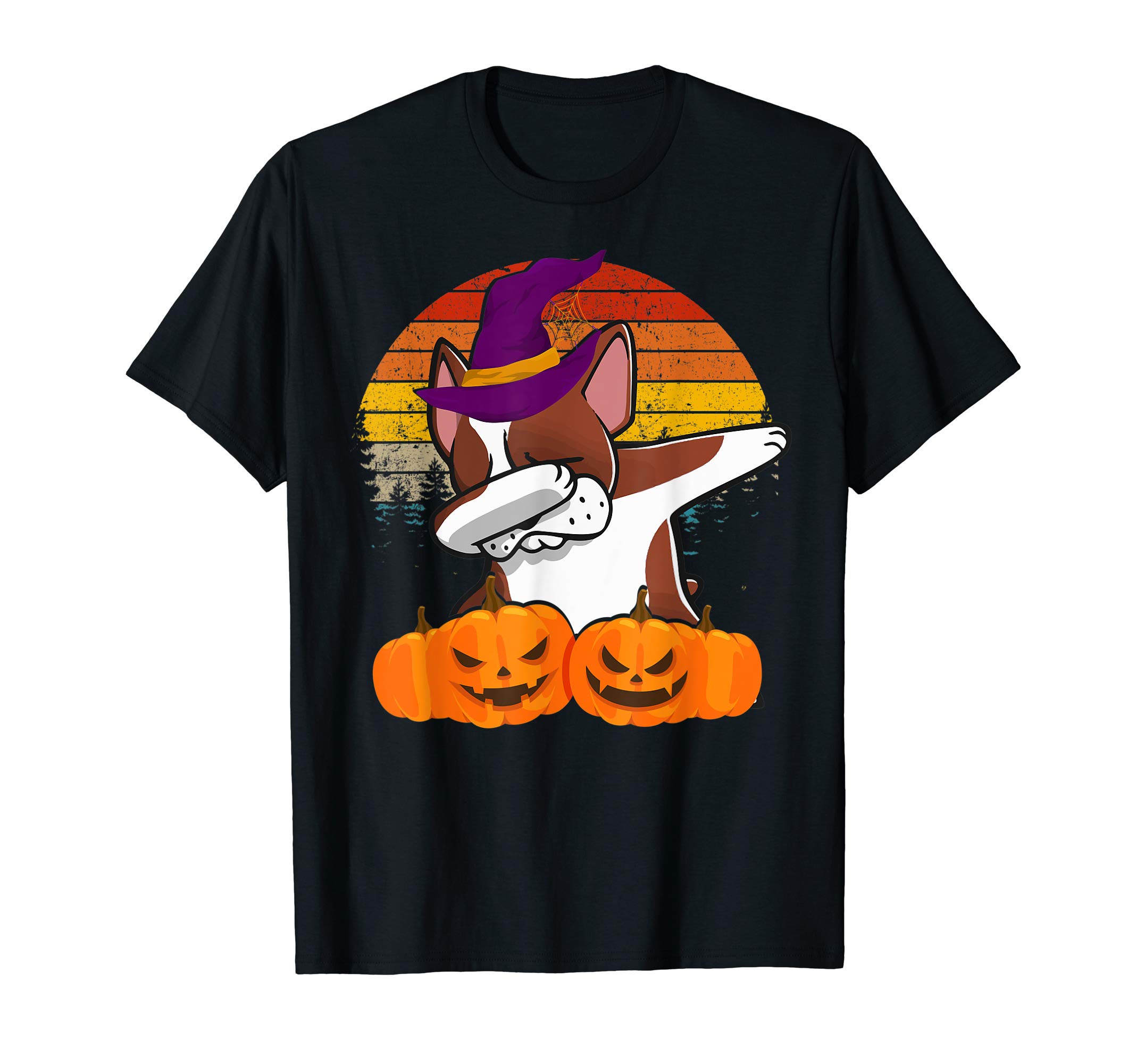 French Bulldog Dabbing Retro Sunset Witch Hat Halloween Gift T-Shirt