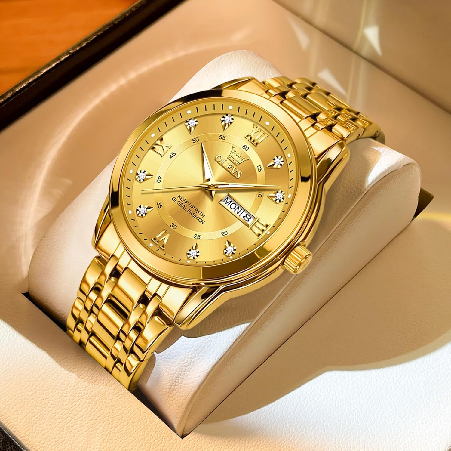 OLEVS Men's Stainless Steel Watch, Large Face Roman Numerals Diamond Accented Three-Hand Analog Quartz Watches for Men, Easy to Read Day Date Waterproof Luminous Mens Wristwatch - Image 8