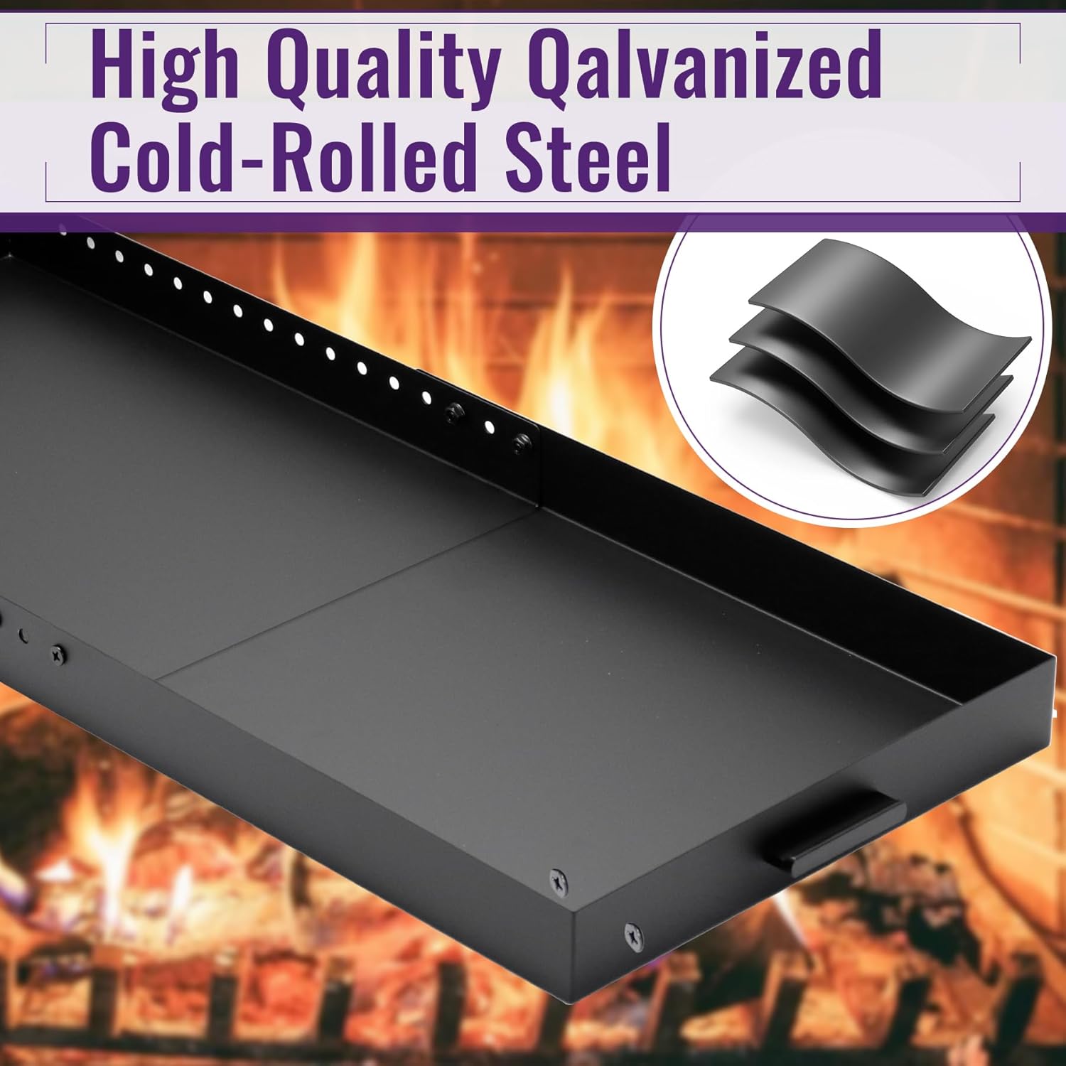 Mxclimate Expandable Fireplace Tray,Adjustable Black Ash Pan for Inside Fireplace.Galvanized Steel Ember Holder Fireplace Pan for Ash Collection,Rectangle