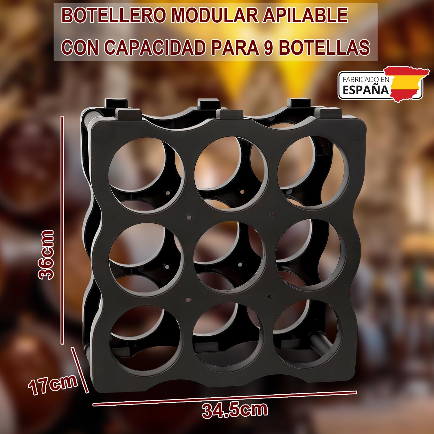 Soporte para Botellero Modular de Plástico Apilable para 9 Botellas, Estanterías para Botellas de Vino, Estante de Almacenamiento para Exhibición de Vinos, Ideal para Hogar, Bar y Bodegas