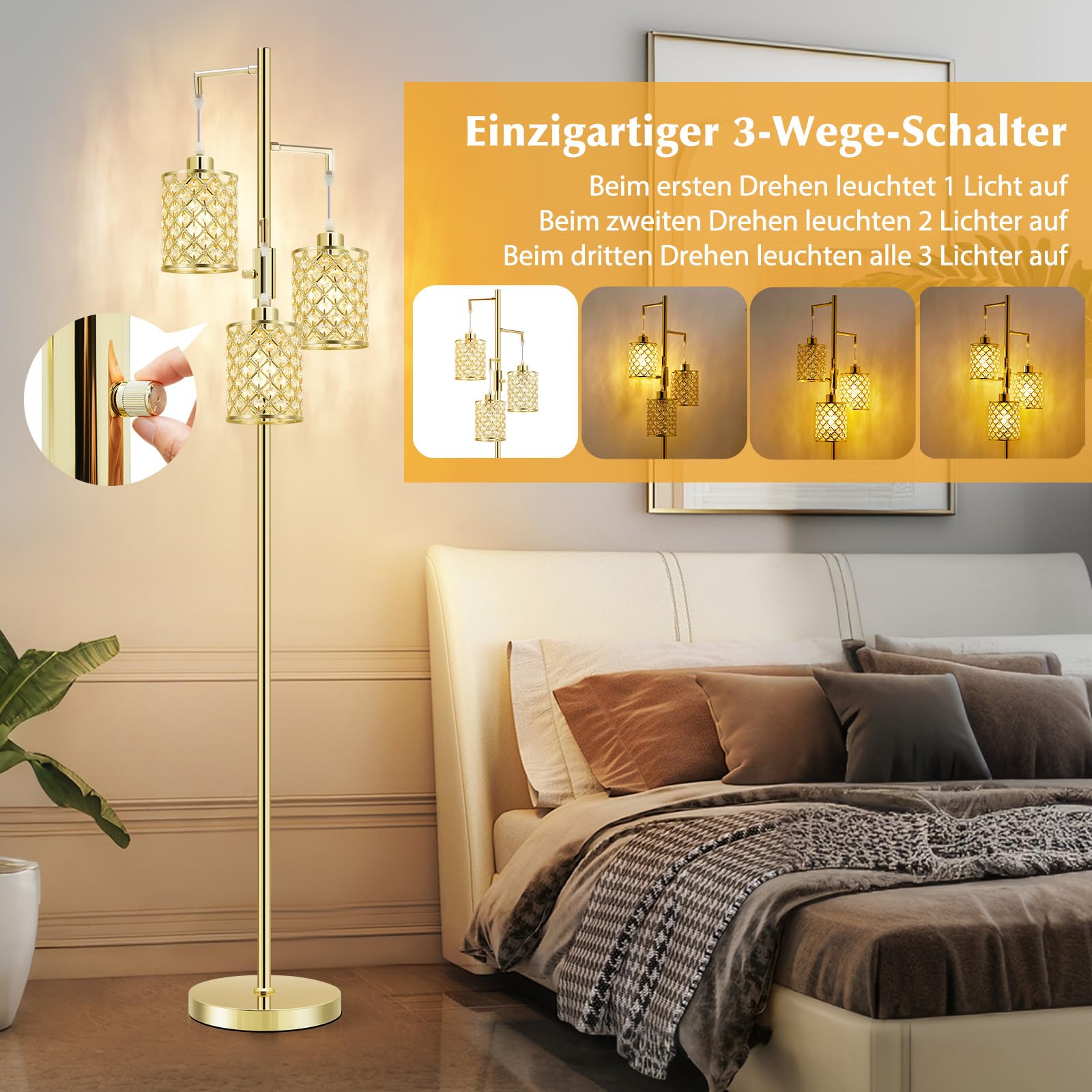 GyroVu Stehlampe Gold, Kristall Stehleuchten für das Wohnzimmer, 3 Flammige Stehlampen mit Elegantem K9 Kristallschirm und Drehschalter, Moderne Standlampe für Schlafzimmer, Home Office, Leseecke