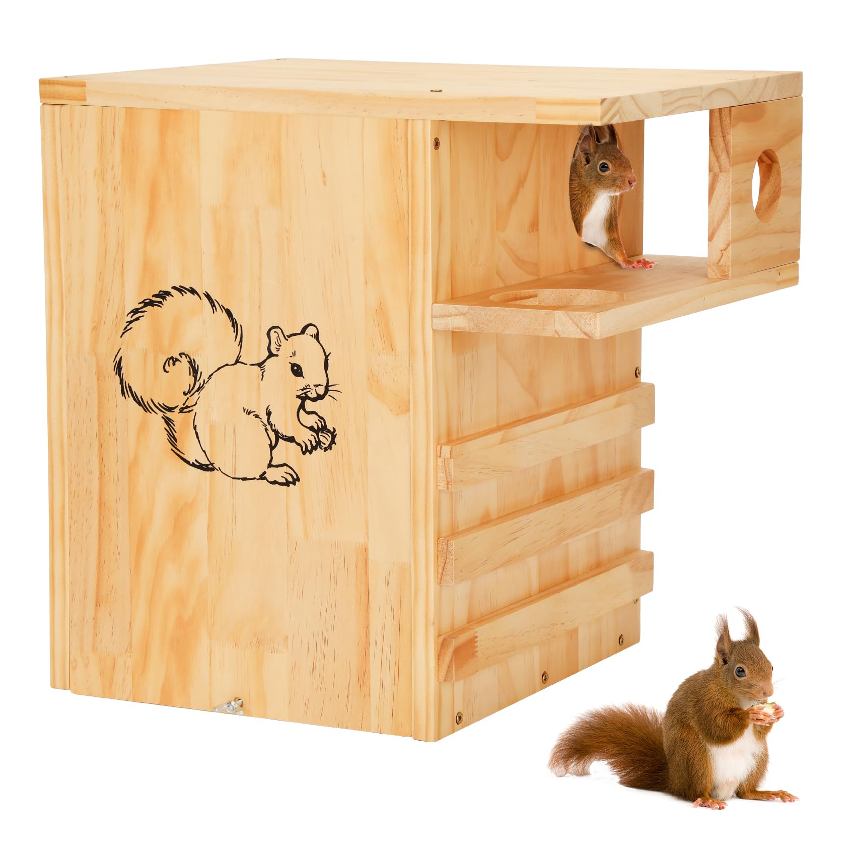Extra Large Squirrel House for Outside with Stand & Predator Proof, Large Squirrel Box for Outside with Easy-Clean Front Door, Wooden Squirrel Nesting Box for Chipmunks and Small Animals