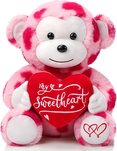 Kasyat Mono de peluche para el día de San Valentín, mono de peluche de 12 pulgadas con corazón, mono de peluche suave y adorable para niños, novia,