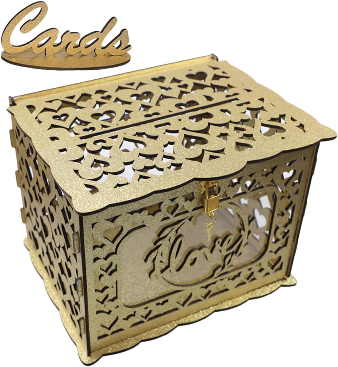 Wood Hollow Wedding Card Box with Glitter, Wooden Hollow Greeting Card Holder for Birthday, Valentine’s Wedding Reception, Envelope Blessing Message Collection Storage Box